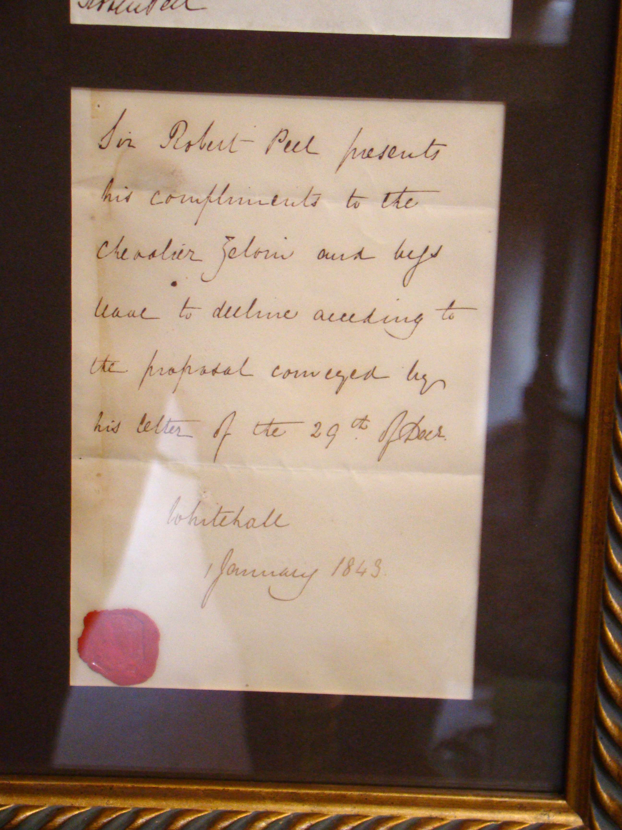 A letter signed on Jan.1, 1843 by Sir Robert Peel who served twice as Prime Minister of Great Britain under Queen Victoria. — image 3