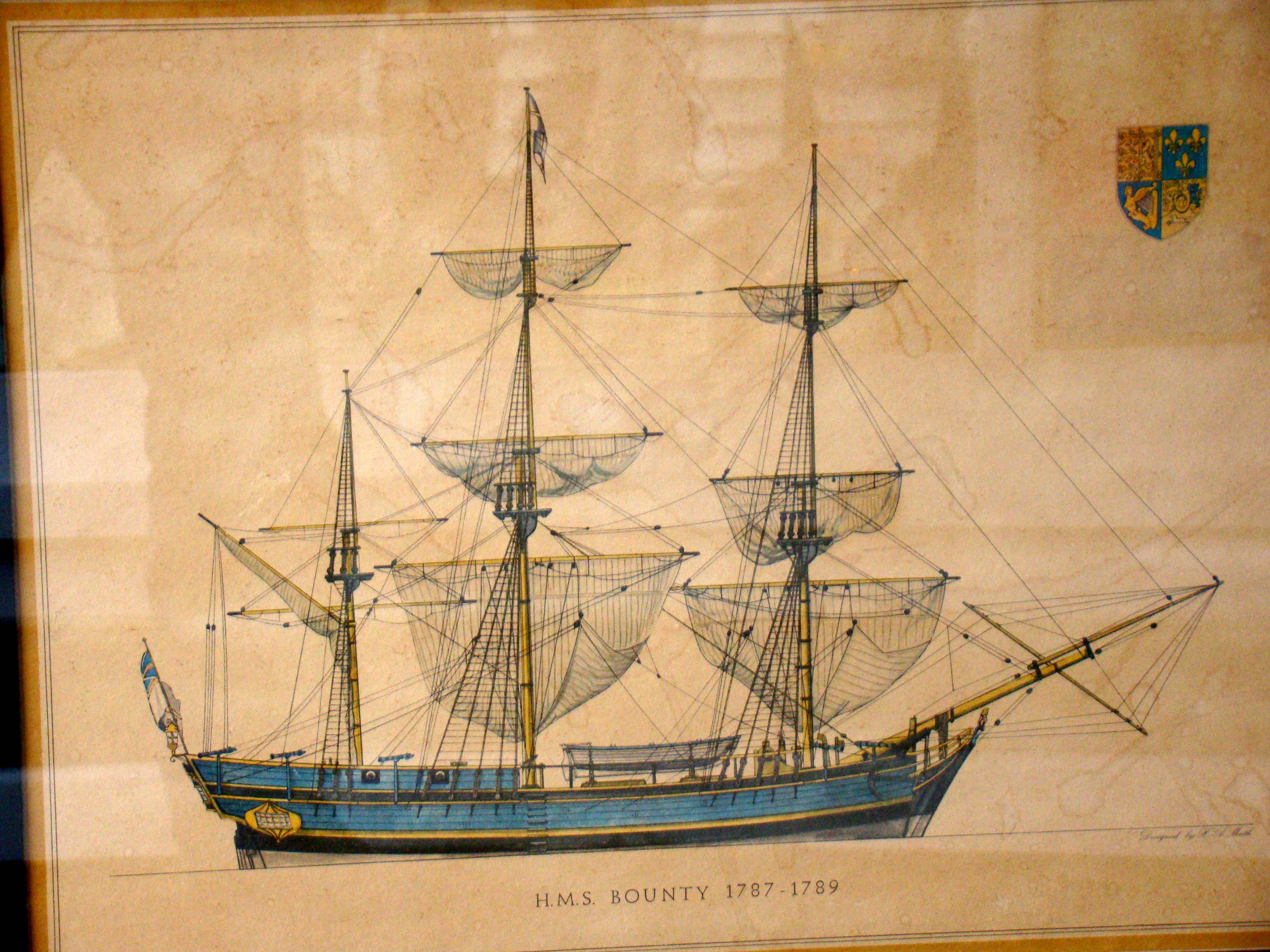 A framed lithograph of H M S Bounty (1787-1789) by H A Muth (1871-1931)