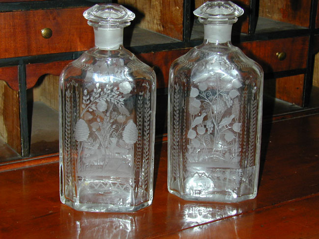 Pair of Antique 19th Century Etched Glass Decanters
