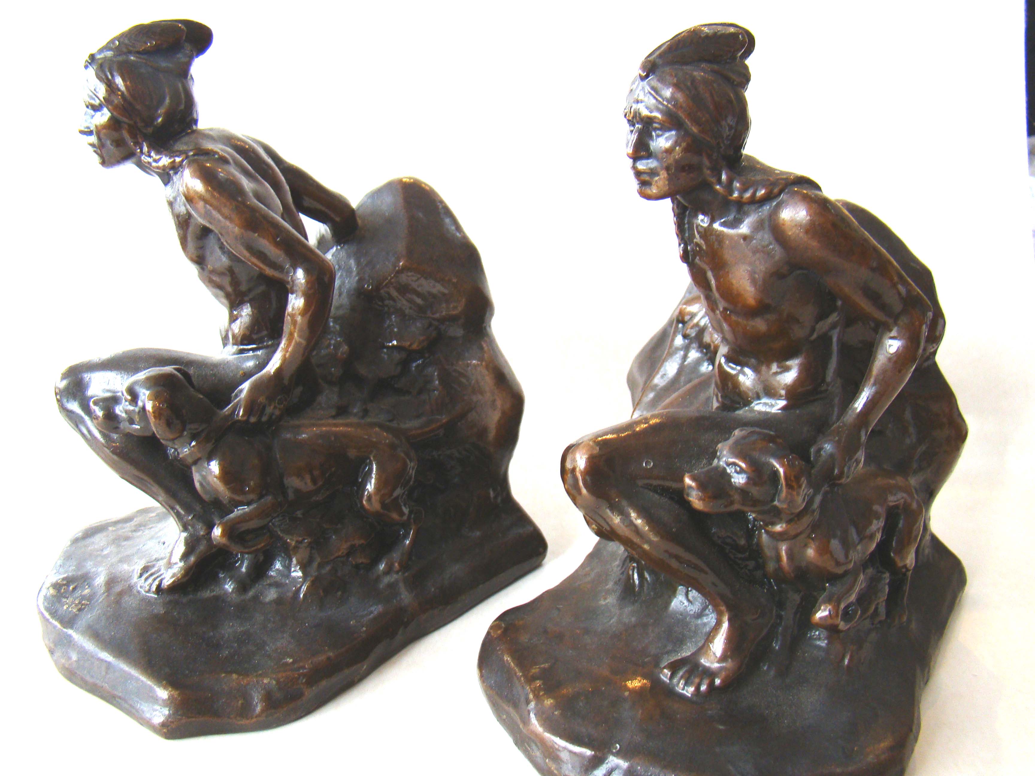 A fine pair of Indian hunter and his dog bookends by Jennings Brothers circa 1935
