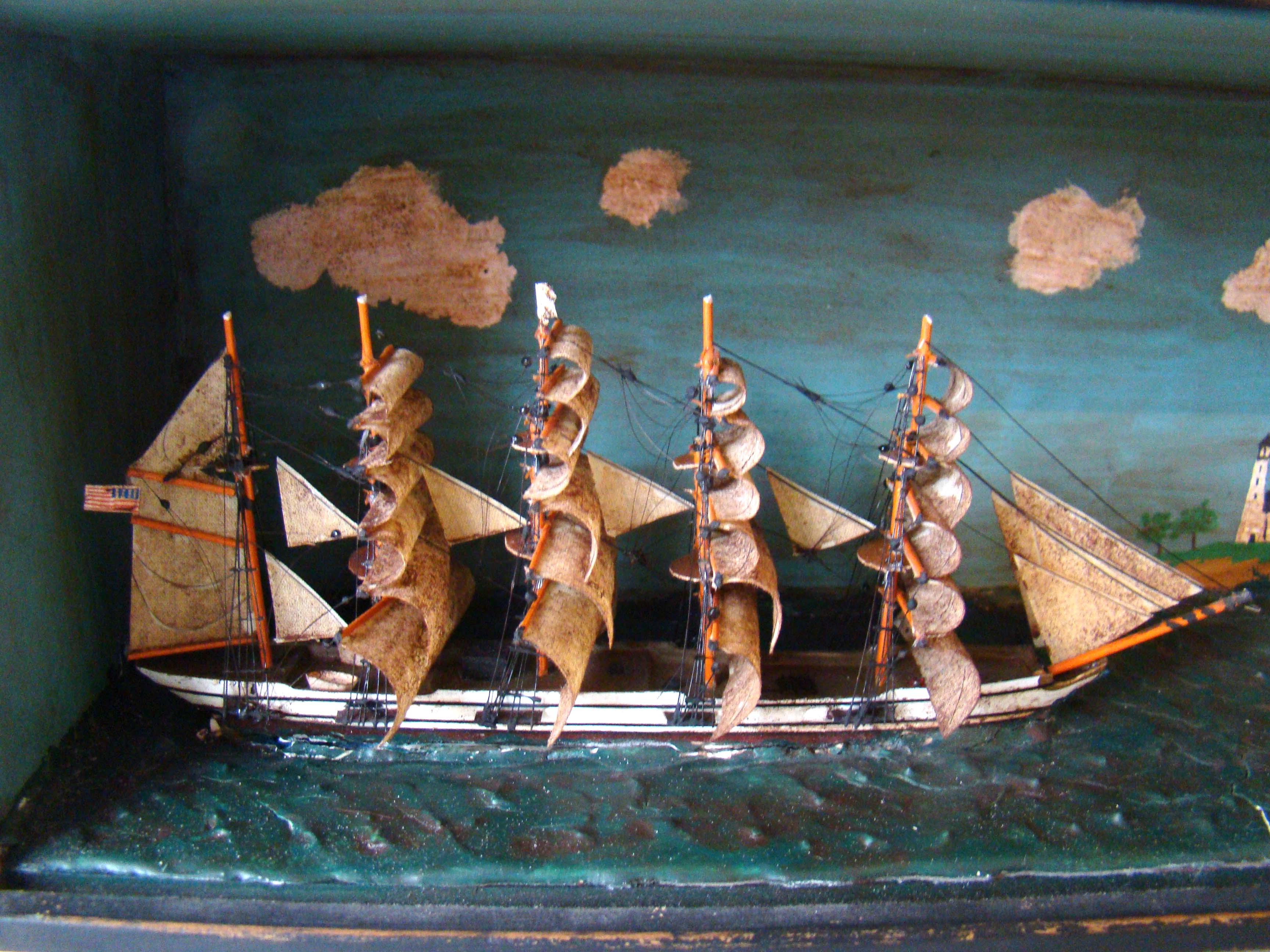 A wonderful and quite small cased 19th century diorama featuring a five-masted ship under sail flying an American flag. — image 3