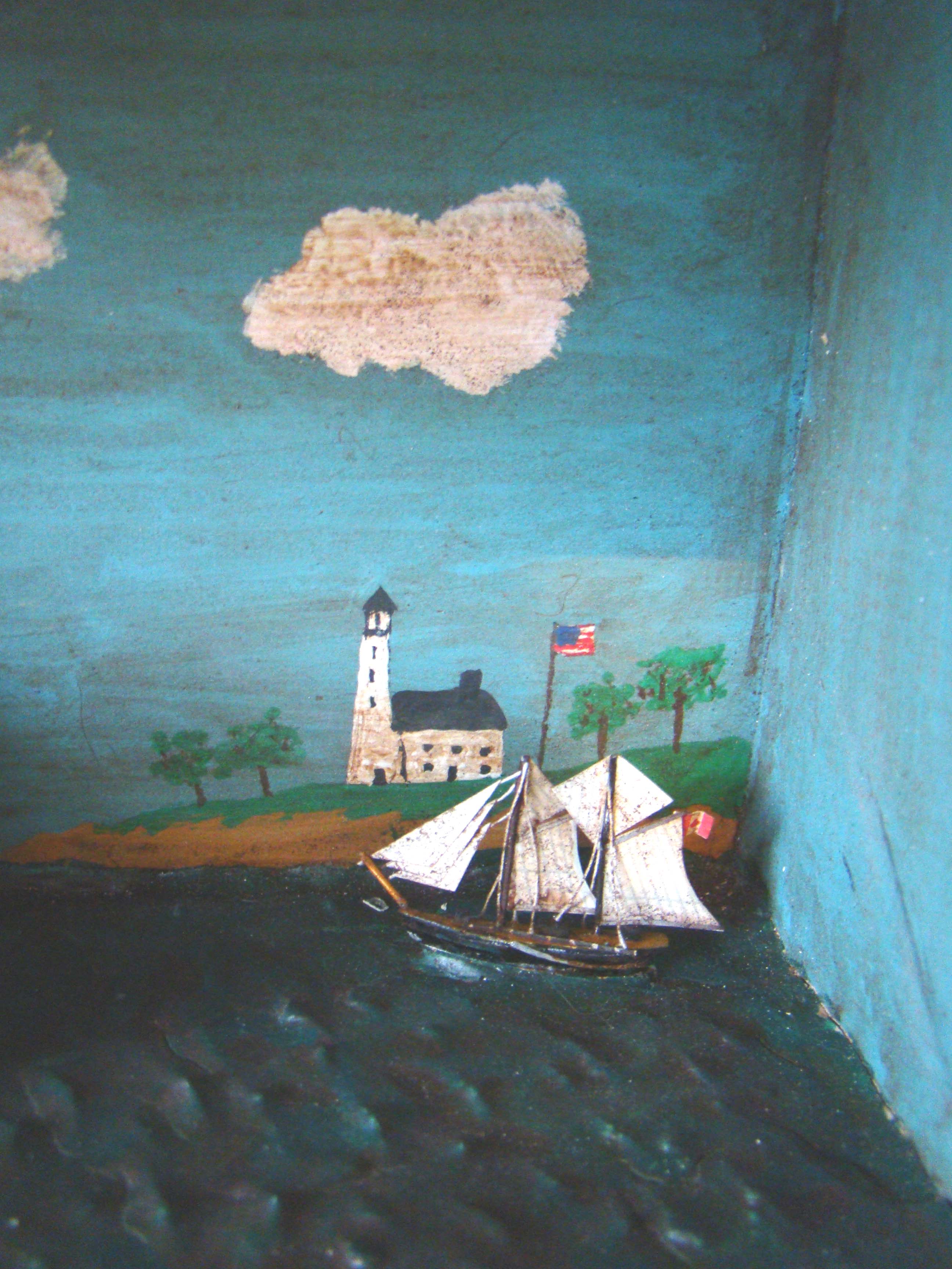A wonderful and quite small cased 19th century diorama featuring a five-masted ship under sail flying an American flag. — image 4