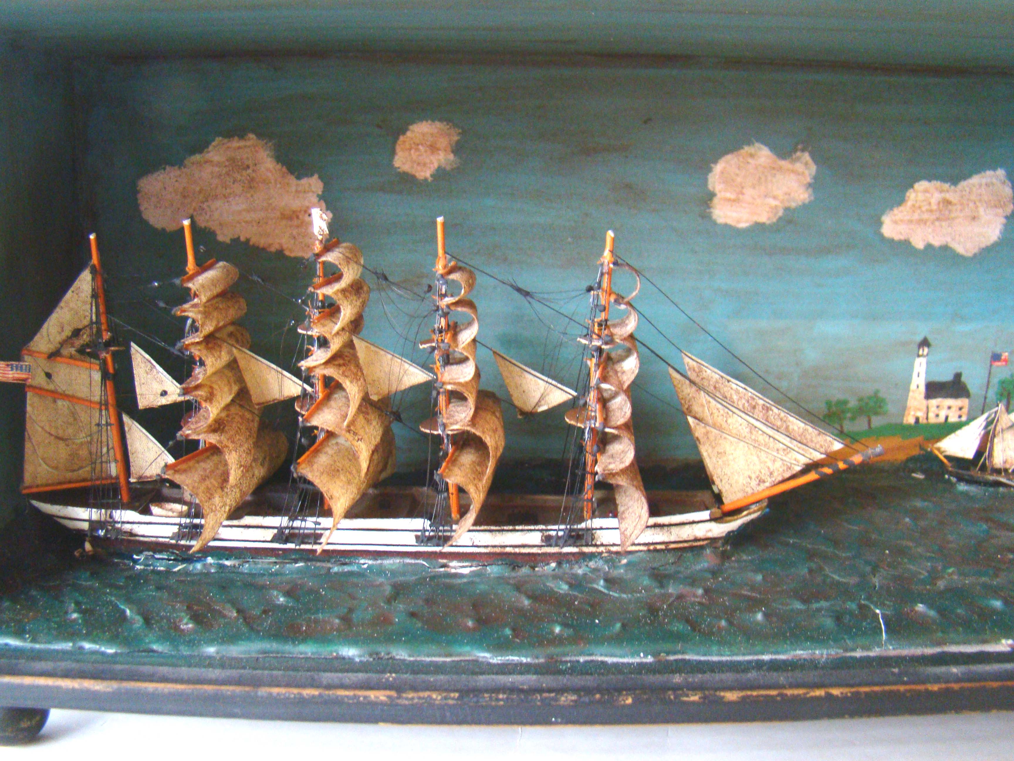 A wonderful and quite small cased 19th century diorama featuring a five-masted ship under sail flying an American flag. — image 2