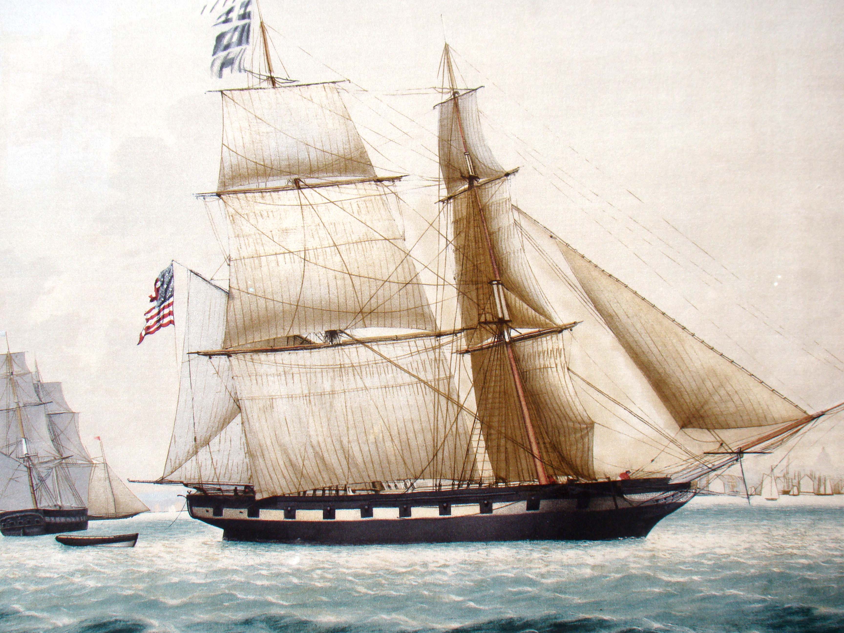 An attractive print of a ship in Boston harbor