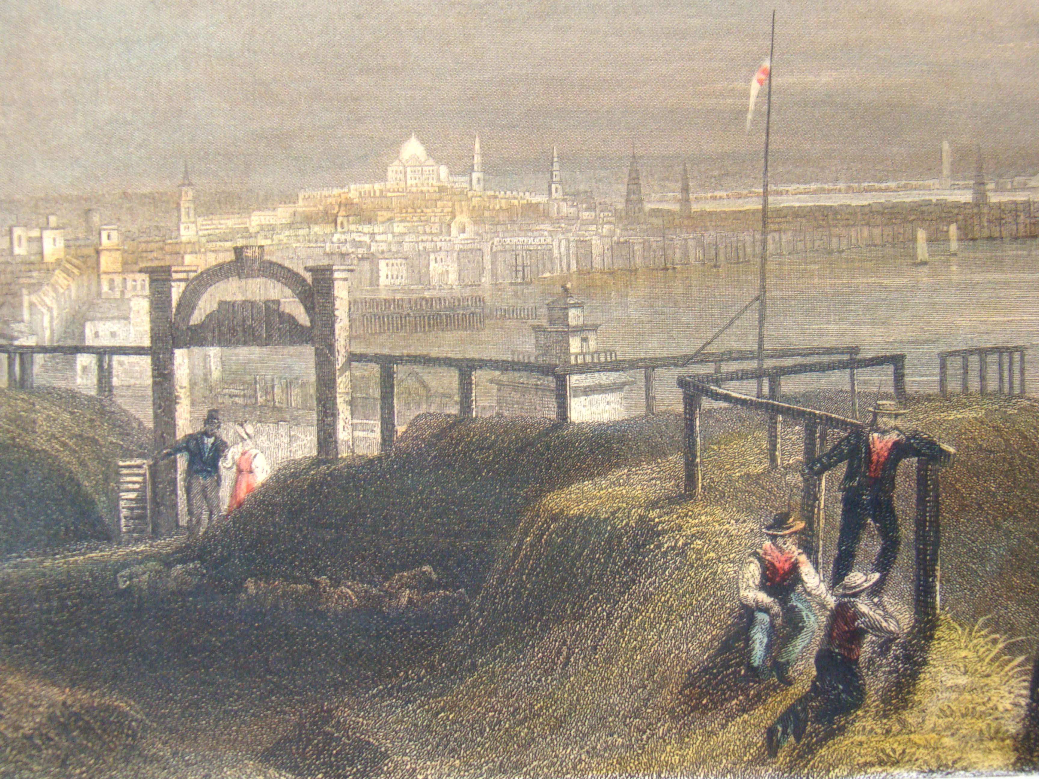 An original hand colored engraving of a view of "Boston from Dorchester Heights" printed in 1850