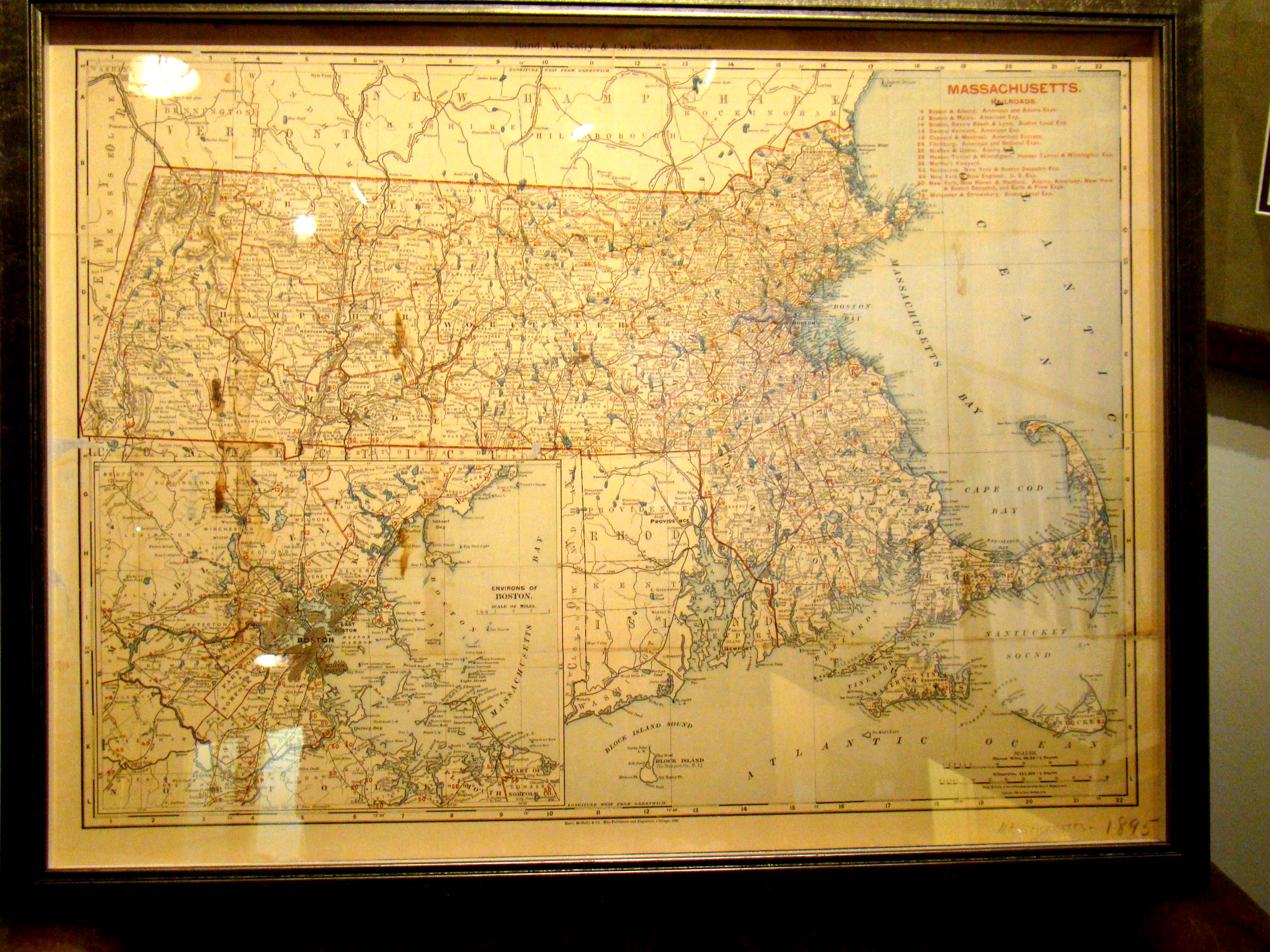 A vintage Map of Massachusetts printed in 1895 by Rand McNally