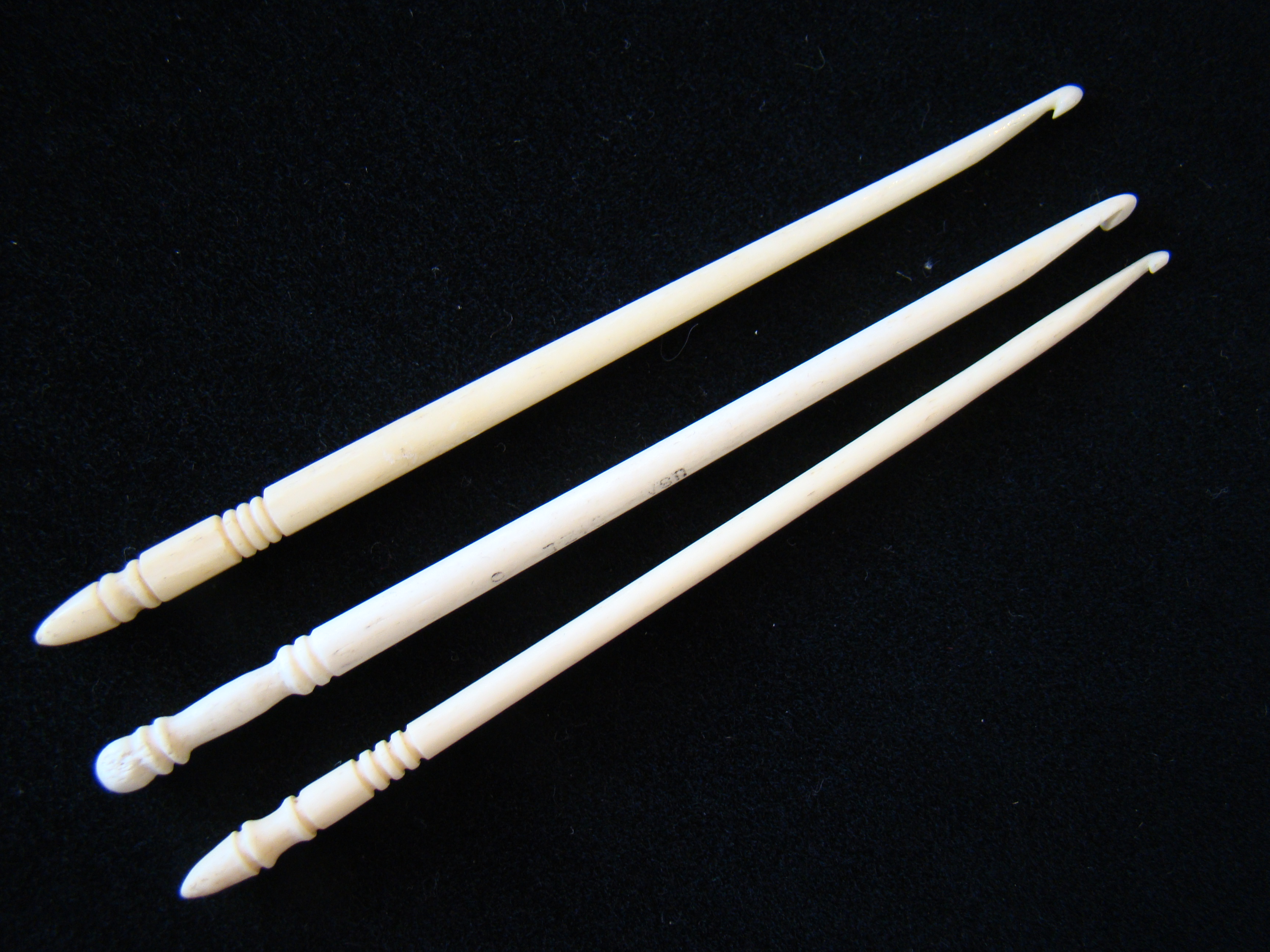 A group of three 19th century whalebone crochet hooks