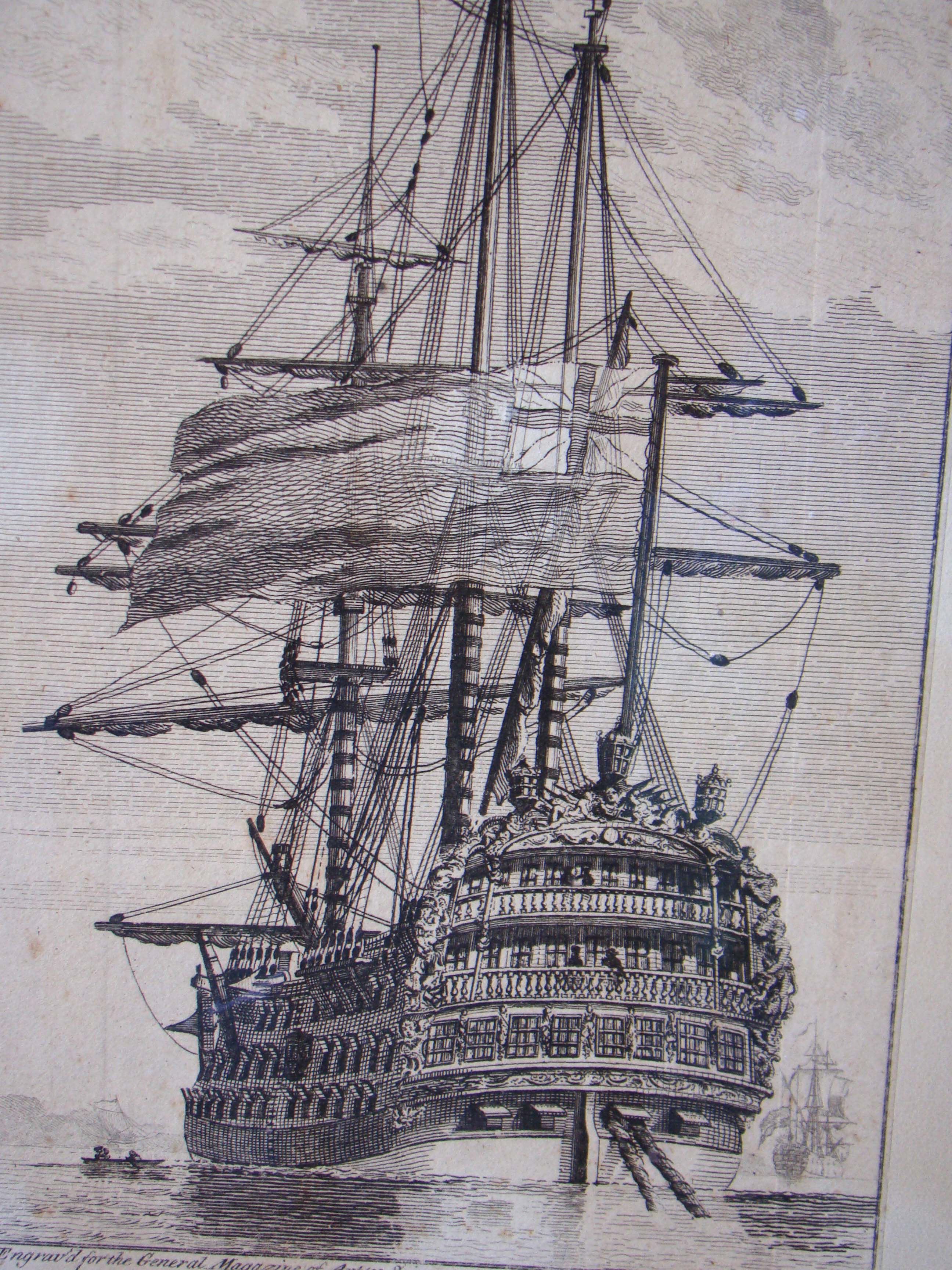 A framed engraving of the famous British warship "THE ROYAL GEORGE" dated 1756.