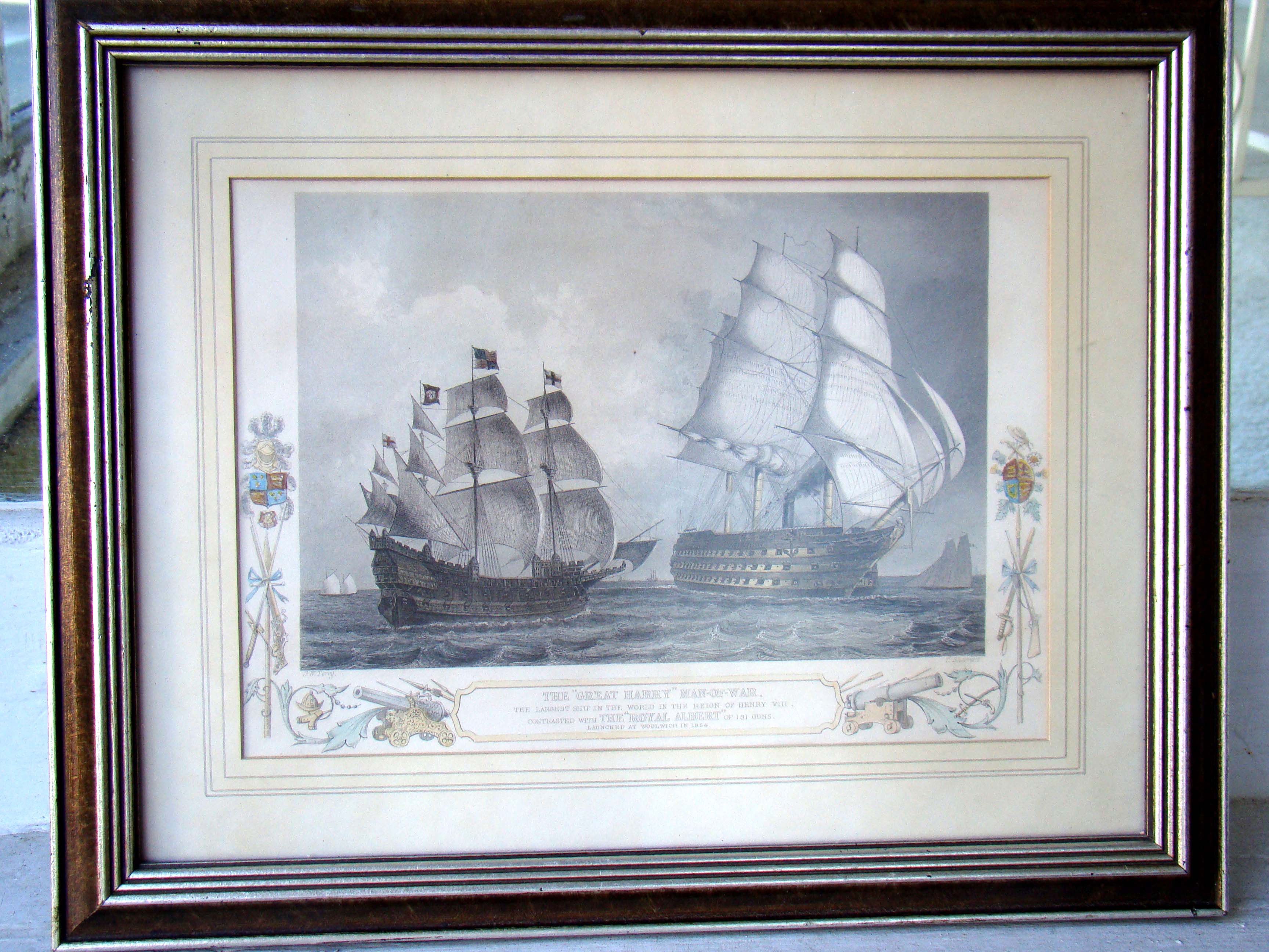 An original hand colored 19th century engraving dated 1854 contrasting the British warship The Royal Albert with King Henry VIII's warship "The Great Harry" — image 2