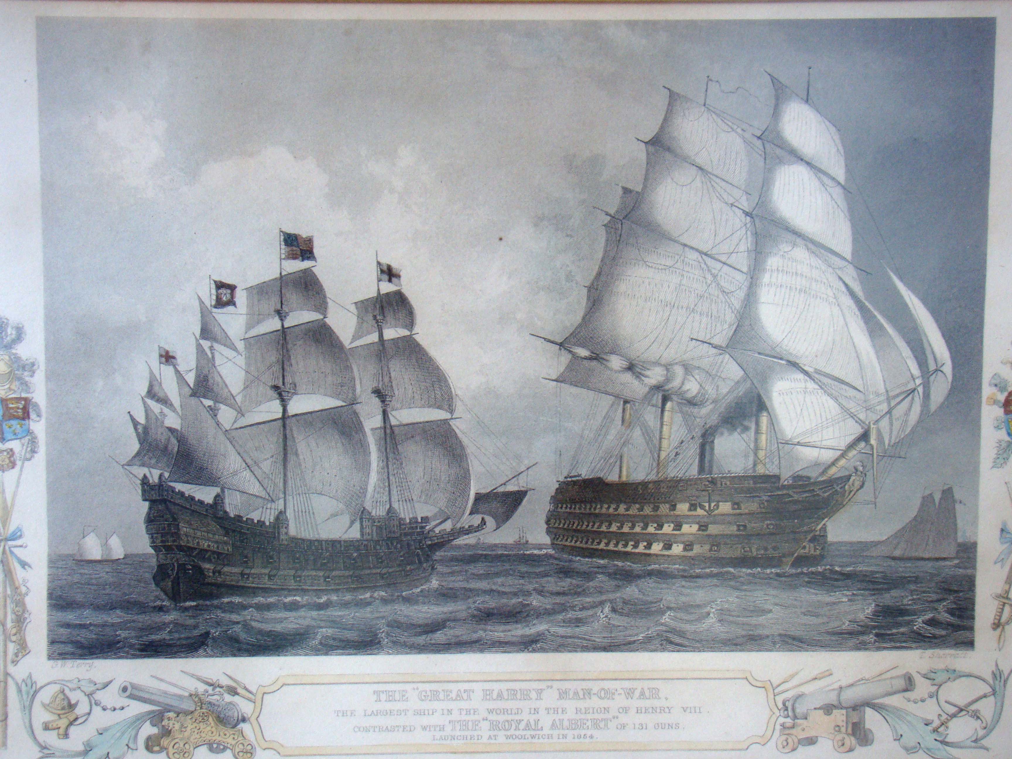 An original hand colored 19th century engraving dated 1854 contrasting the British warship The Royal Albert with King Henry VIII's warship "The Great Harry"