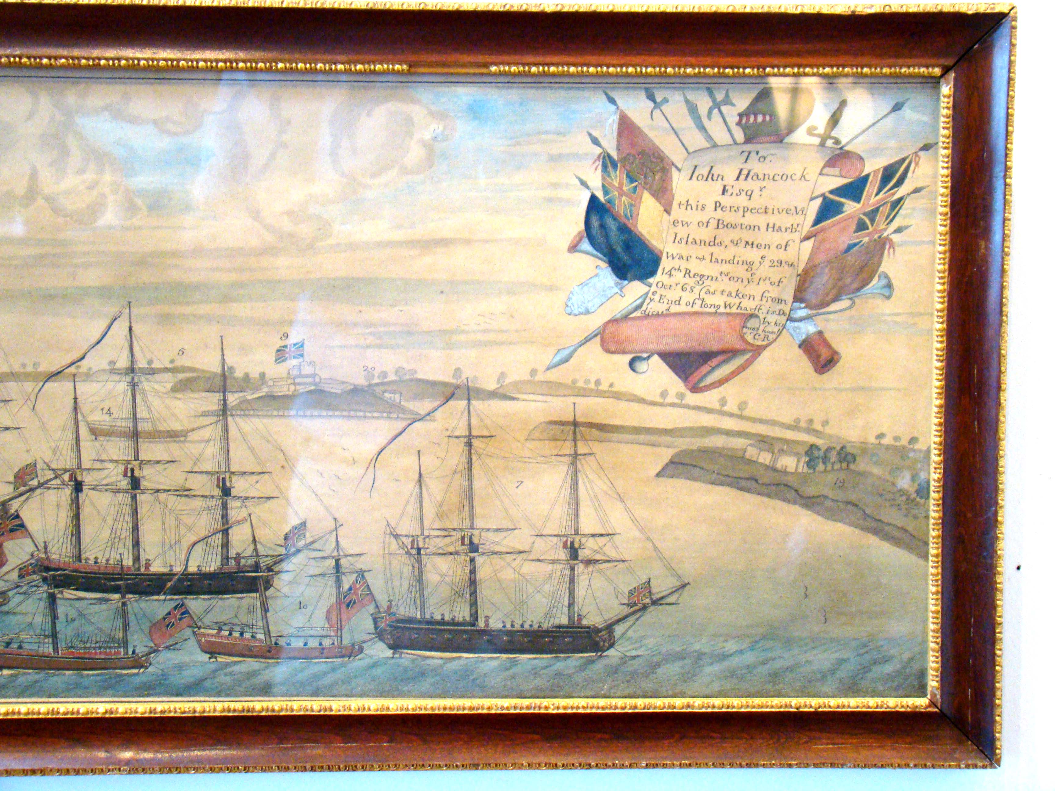An extremely RARE " View of Boston Harbor presented to JOHN HANCOCK October 1, 1768"