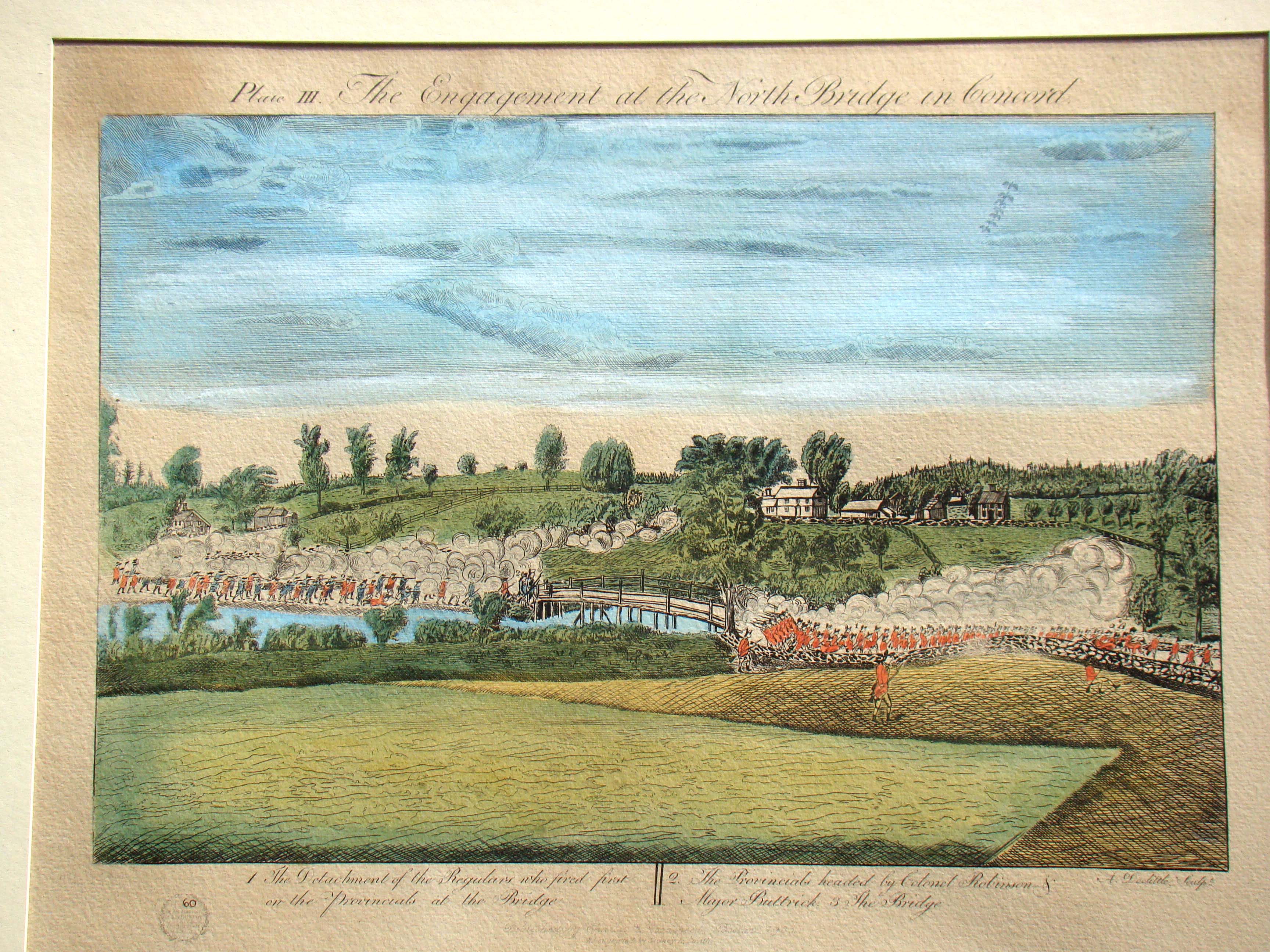 A fine and RARE set of four hand-colored engravings depicting The Battle of Lexington & Concord April 19, 1775