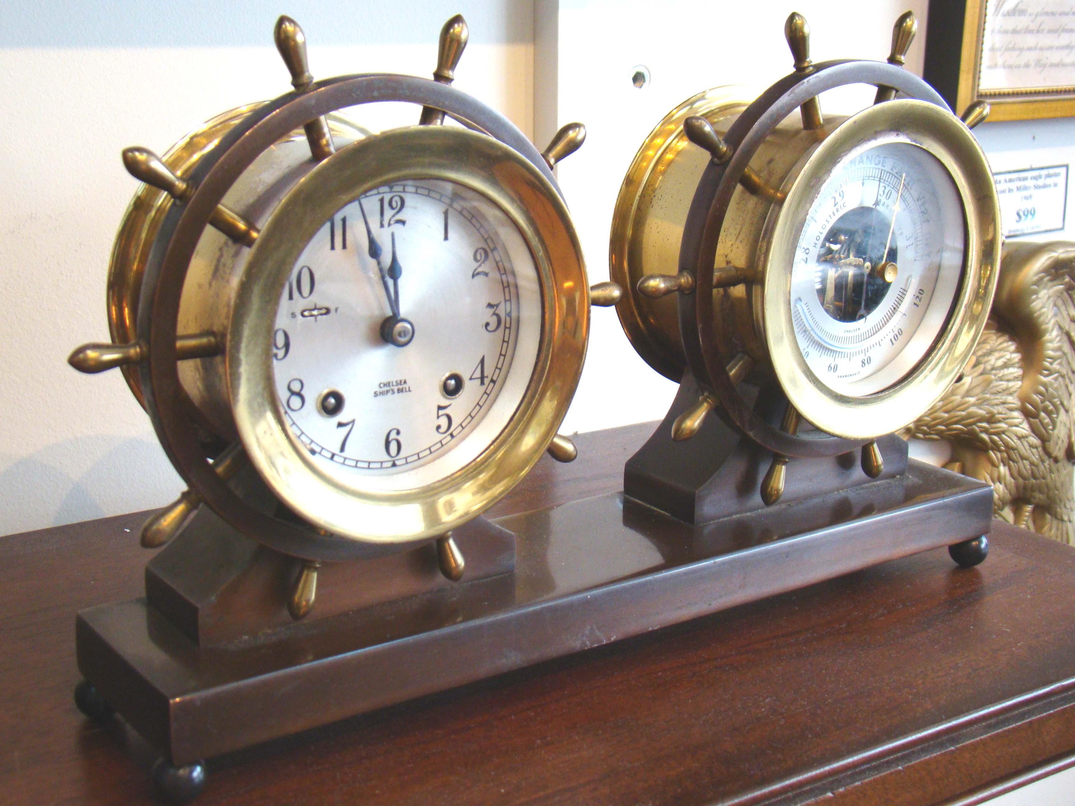 A vintage CHELSEA ships' wheel clock and barometer, "CLAREMONT" model, with eight day movement, made circa 1960 — image 2