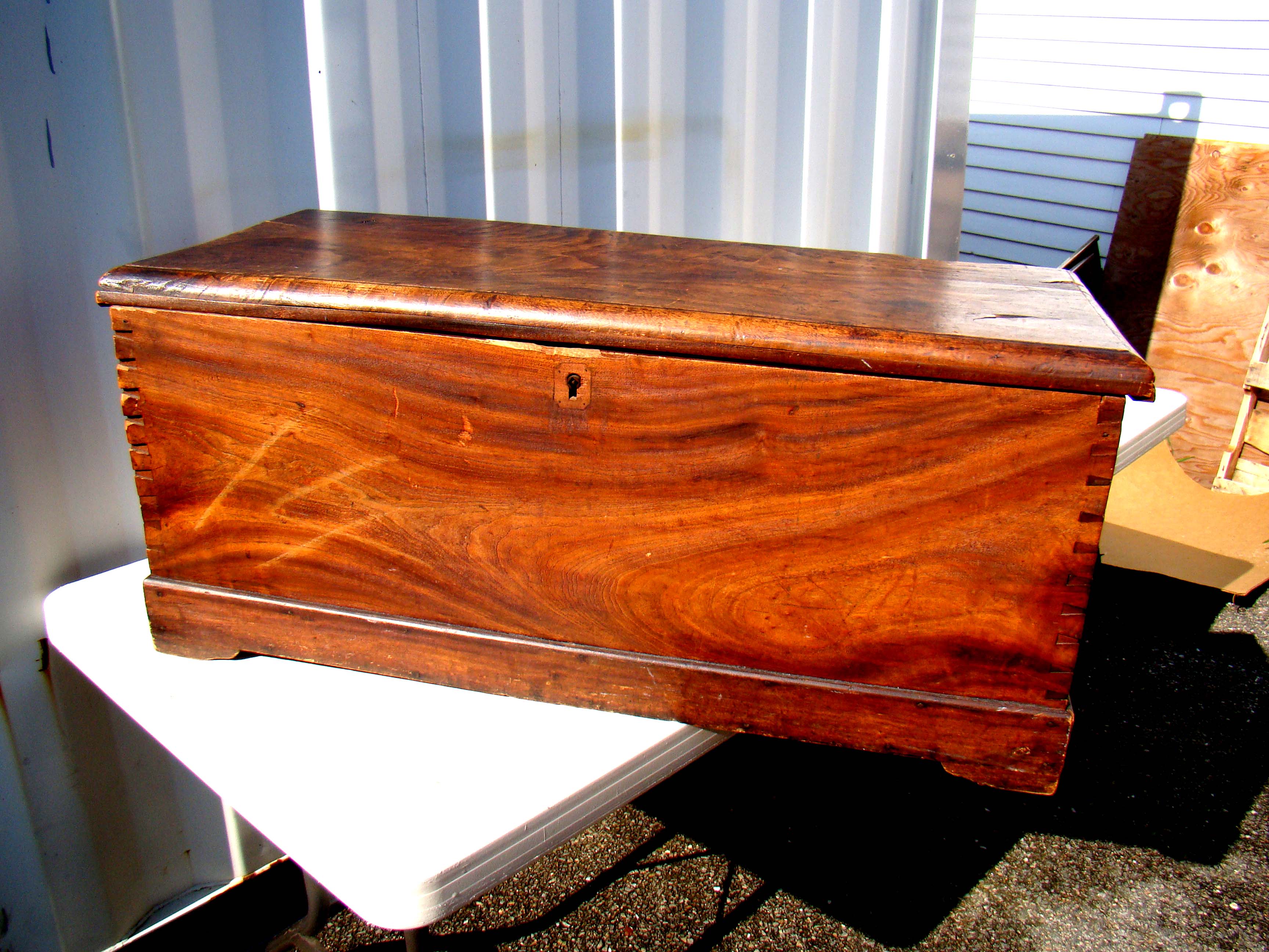A wonderful early 19th century camphorwood sea chest with cleats carved with blue stars and double ropework beckets circa 1820 — image 2