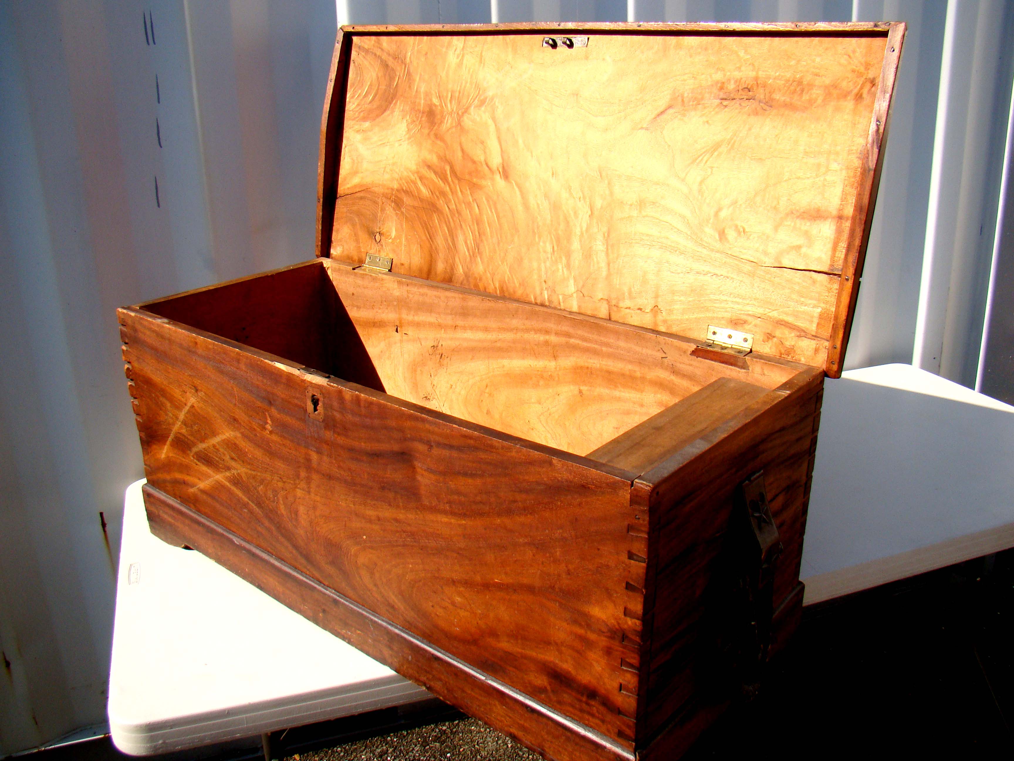 A wonderful early 19th century camphorwood sea chest with cleats carved with blue stars and double ropework beckets circa 1820 — image 4