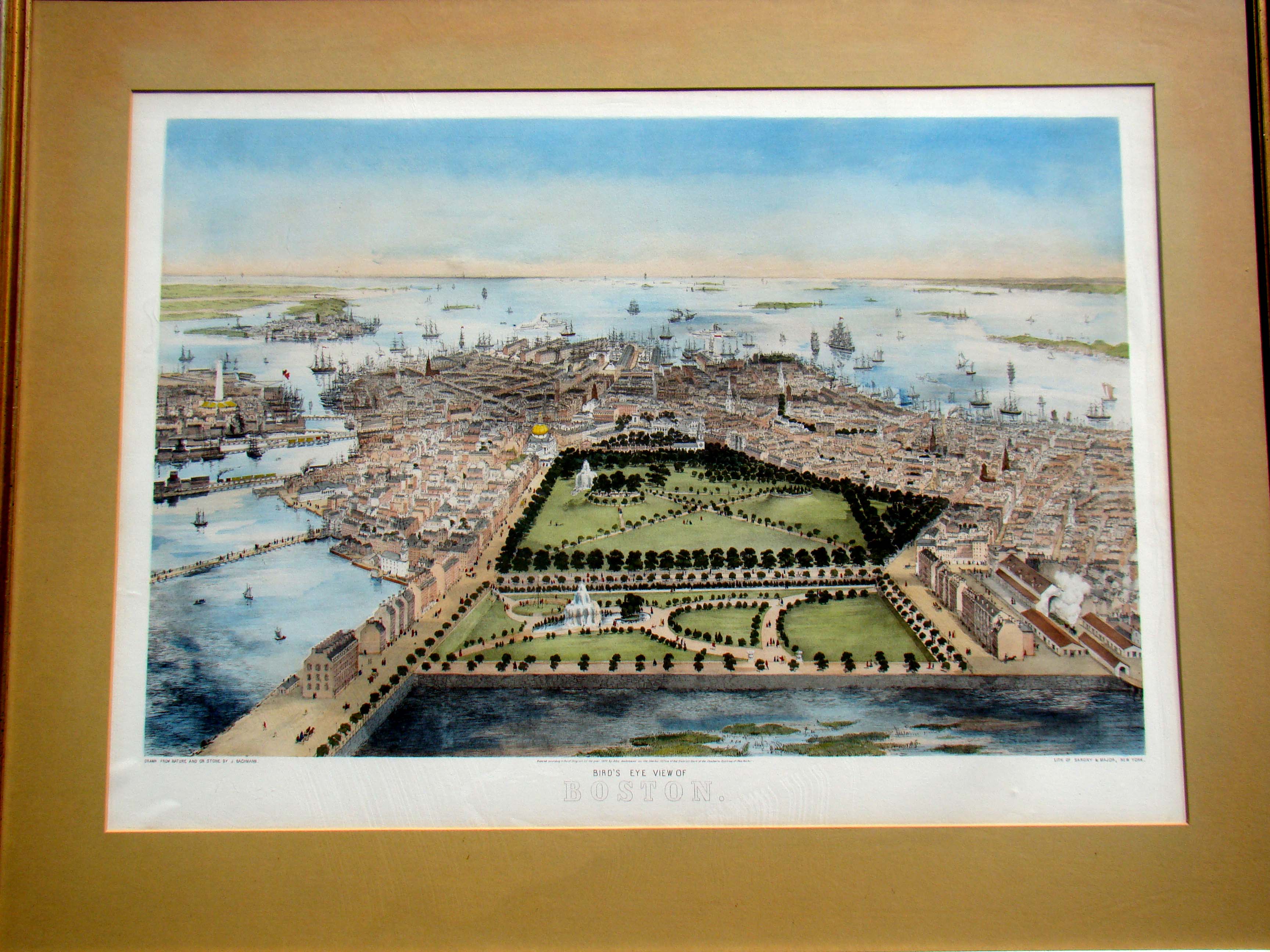 A beautiful original hand colored lithograph of a "Bird's Eye View of Boston" printed in 1850