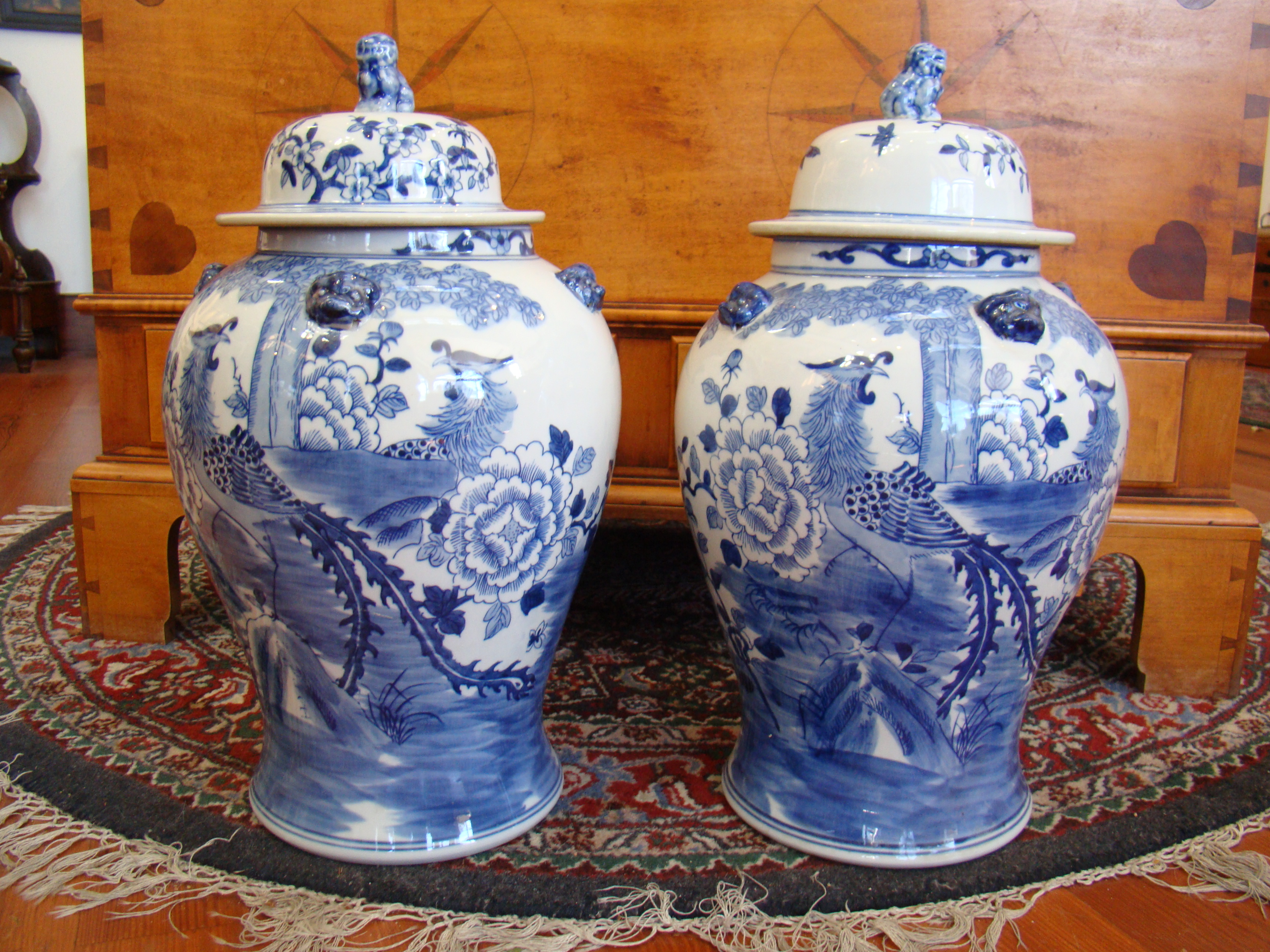 An impressive pair of 18" high Chinese Temple jars