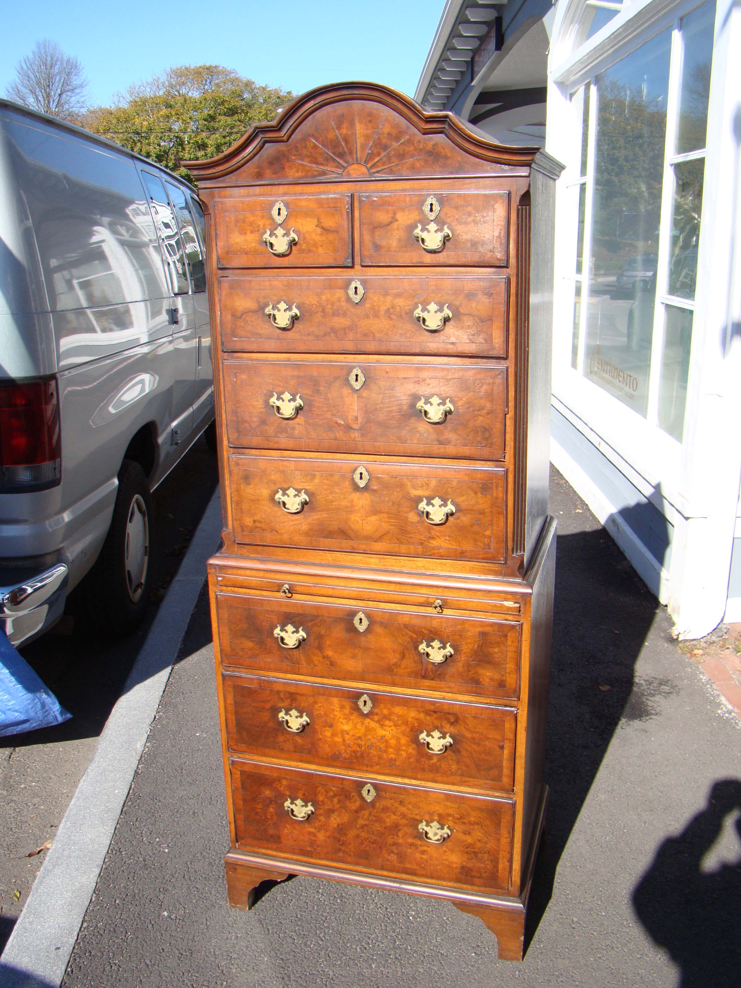 An attractive diminutive 19th century English walnut veneered chest-on-chest