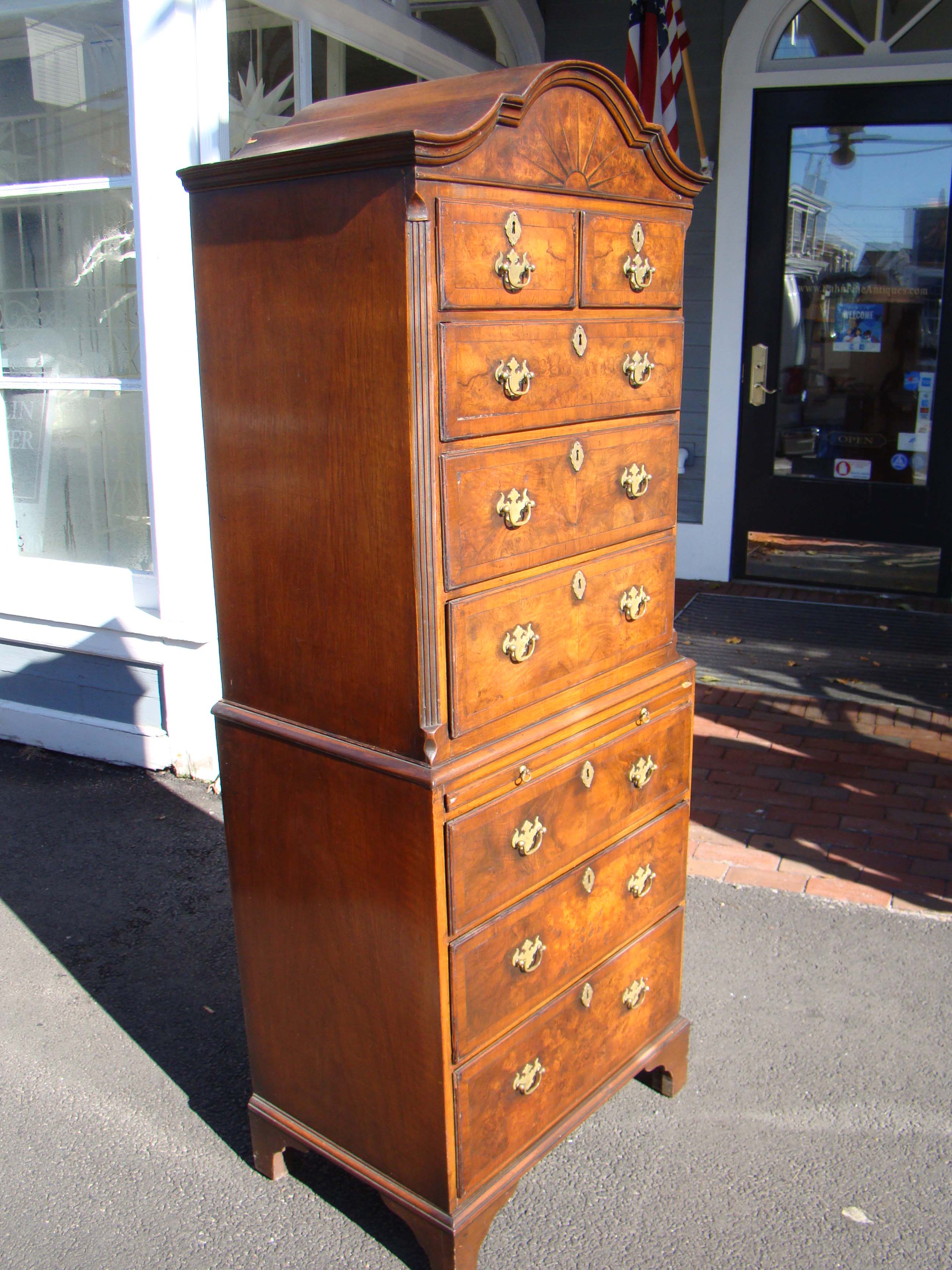 An attractive diminutive 19th century English walnut veneered chest-on-chest — image 2