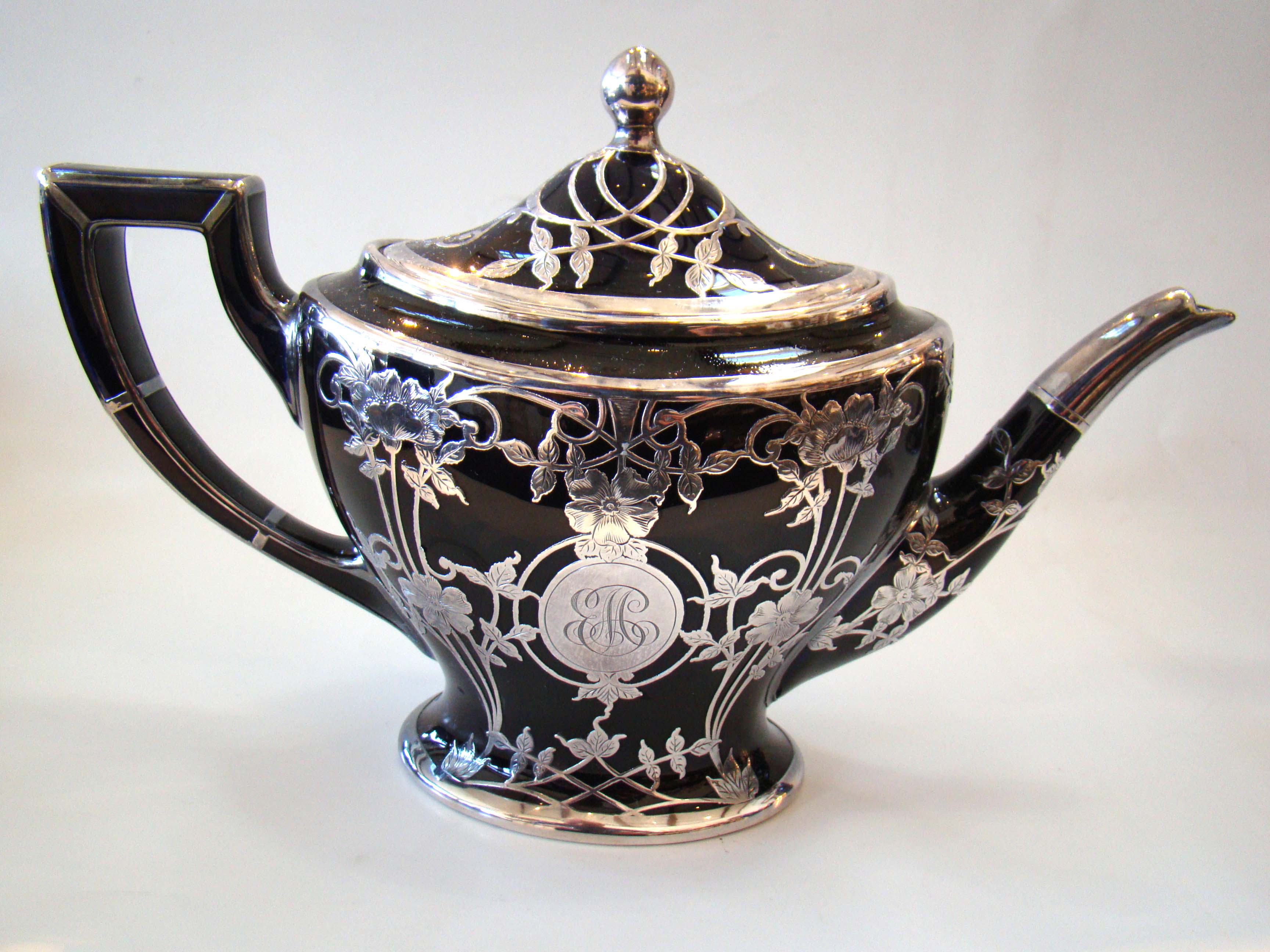 A stunning four-piece tea & coffee service in cobalt blue porcelain with silver overlay made by Lenox circa 1910 — image 2