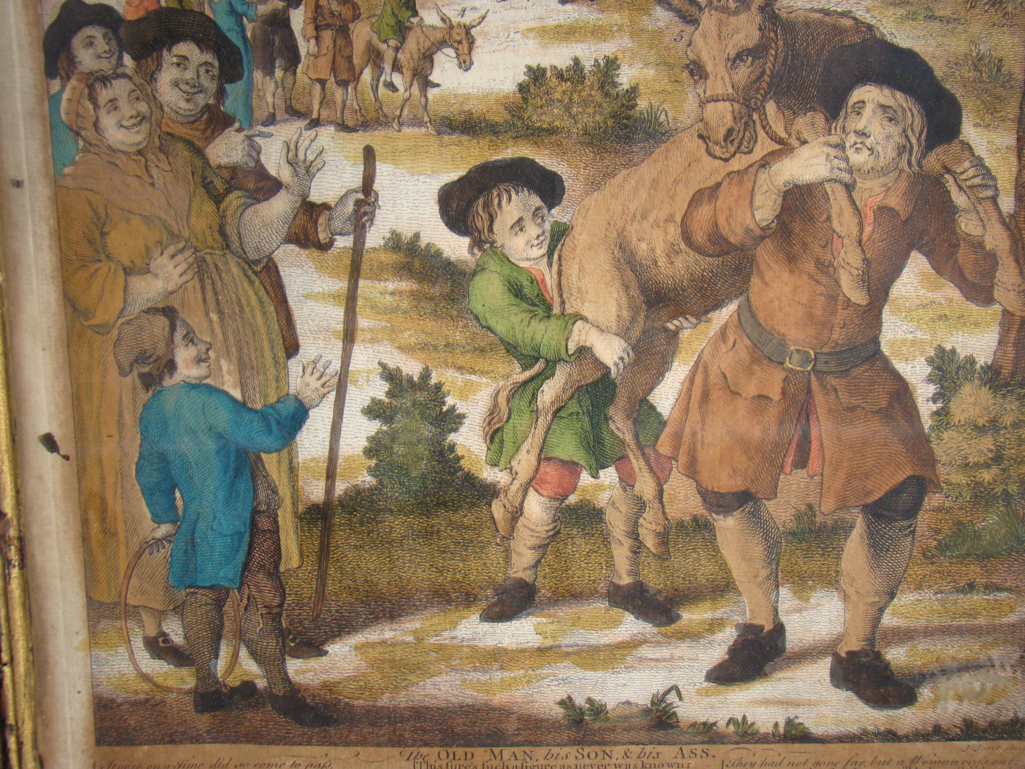 An original hand colored engraving entitled "The Old Man, His Son and His Ass" printed in 1764