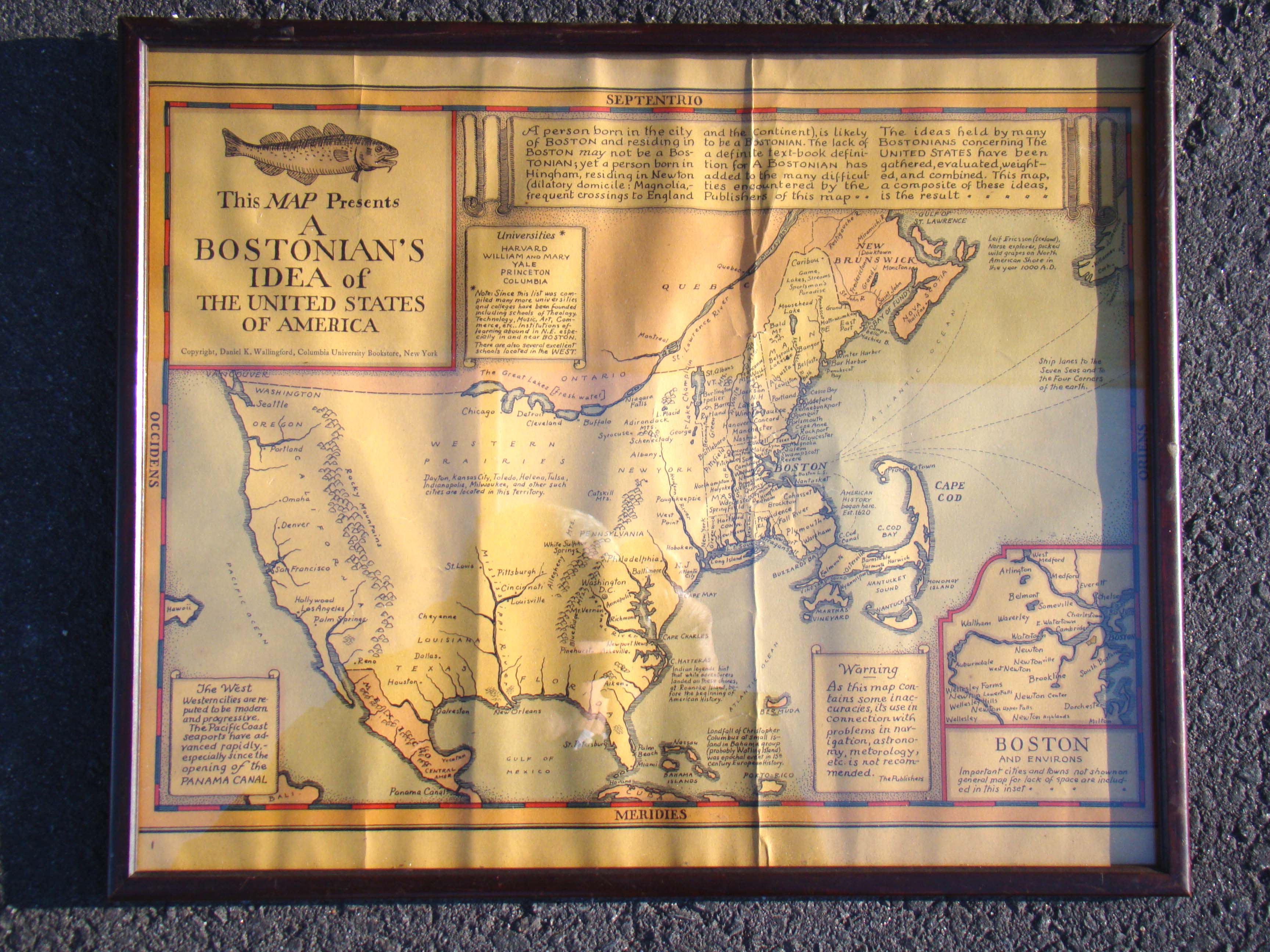 A map depicting a "Bostonian's Idea of the United States of America" published by Daniel Wallingford in 1936