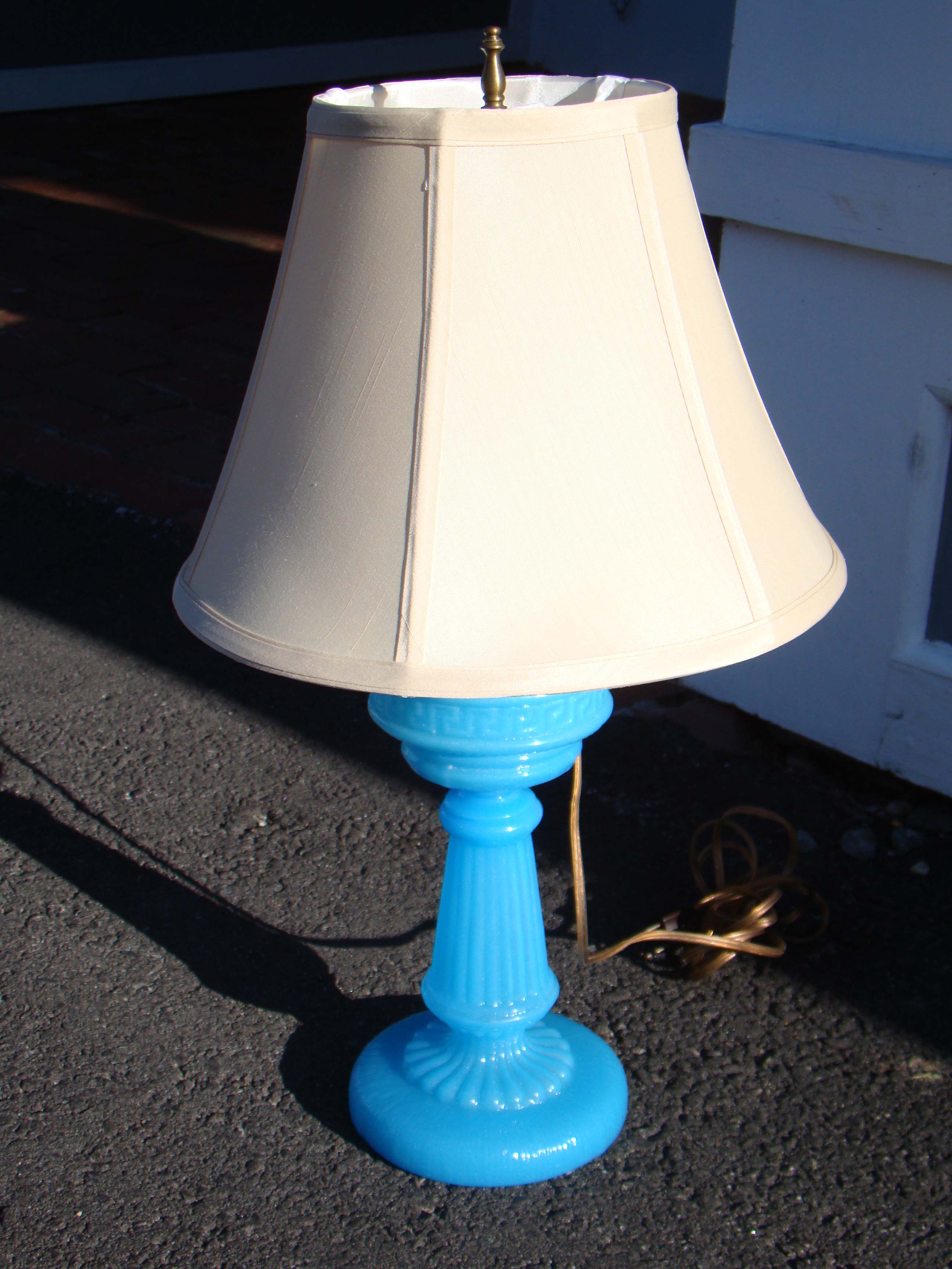 A fine late 19th century aqua blue glass oil lamp — image 2