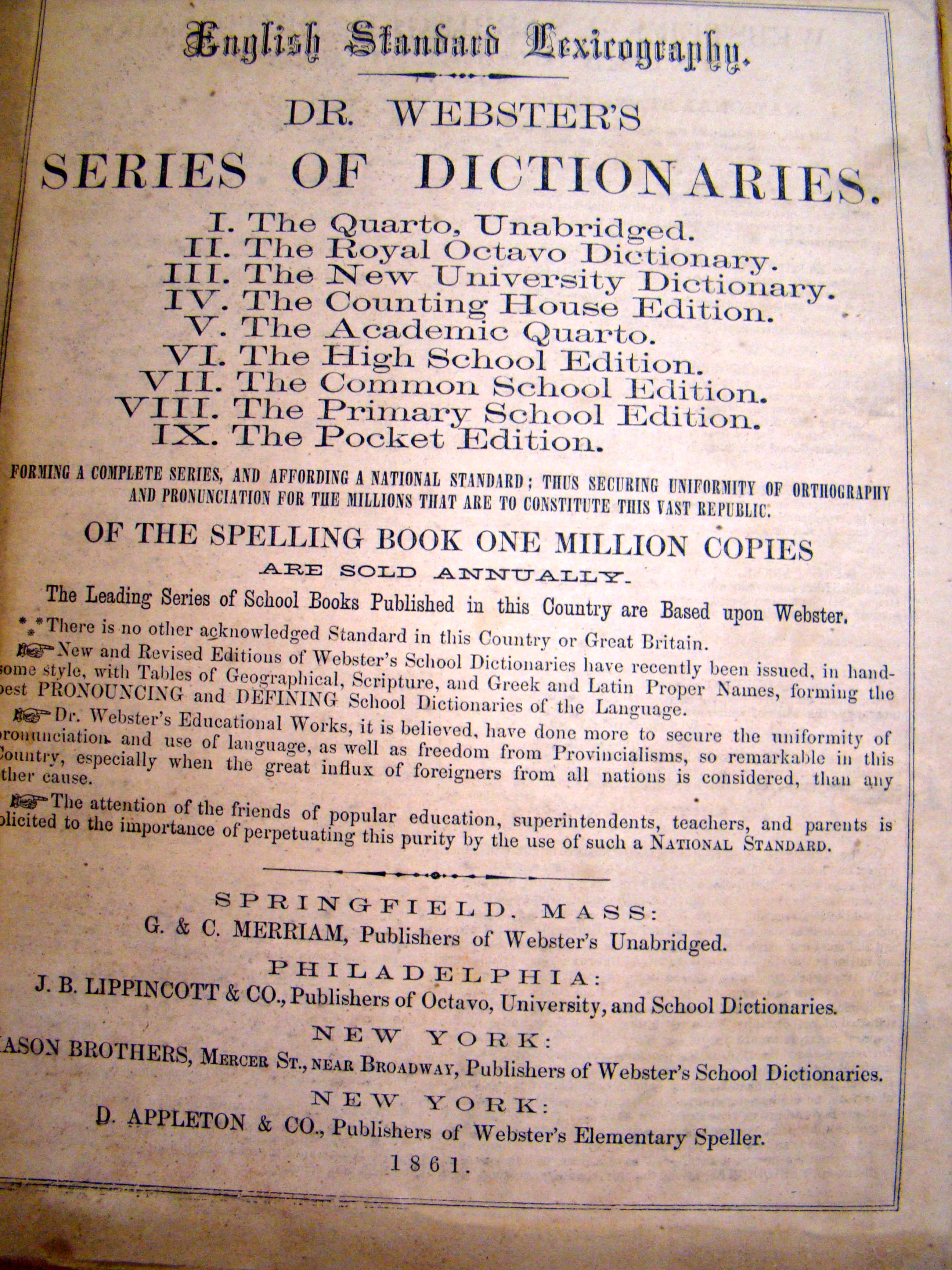 "WEBSTERS DICTIONARY unabridged pictorial edition published in 1861 — image 2