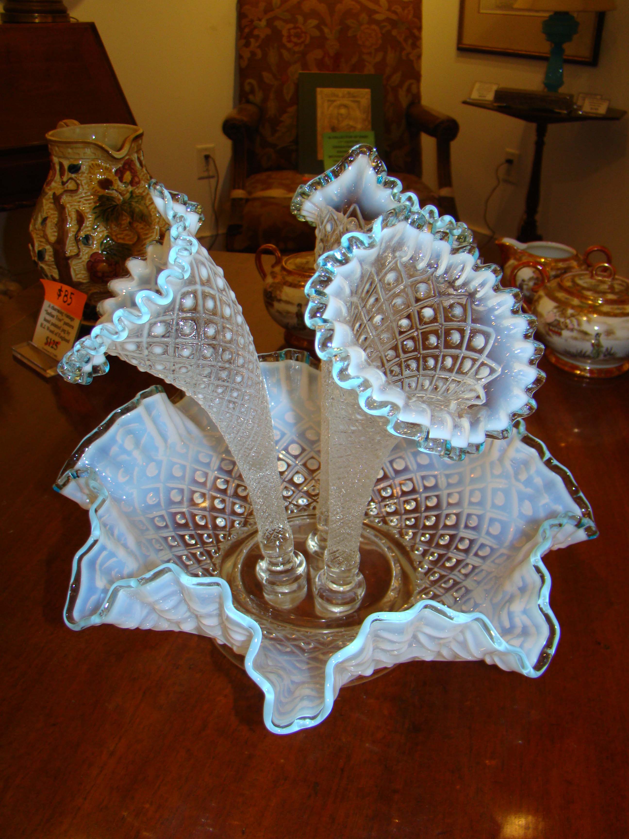 A stunningly beautiful vintage Fenton "diamond lace" epergne in aqua blue