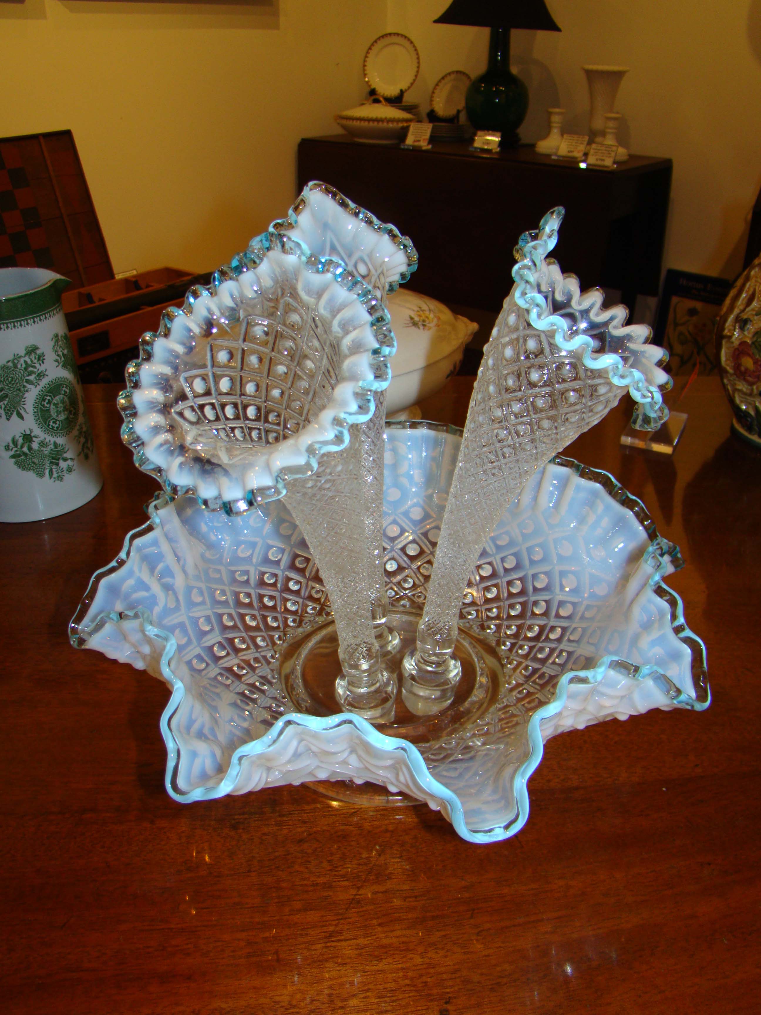A stunningly beautiful vintage Fenton "diamond lace" epergne in aqua blue — image 2