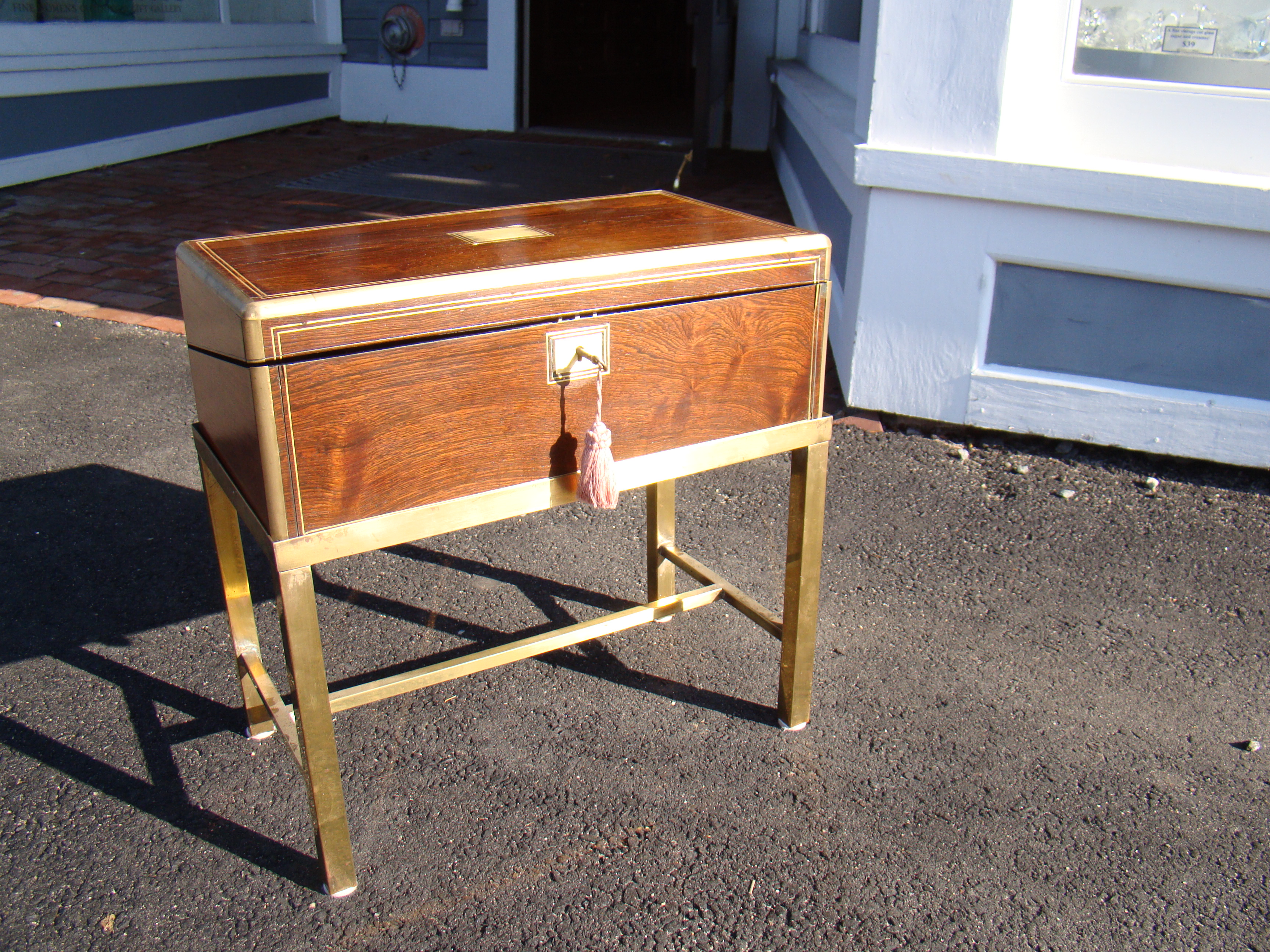 A nice 19th century brass mounted rosewood writing box circa 1830 on a custom made brass stand — image 3