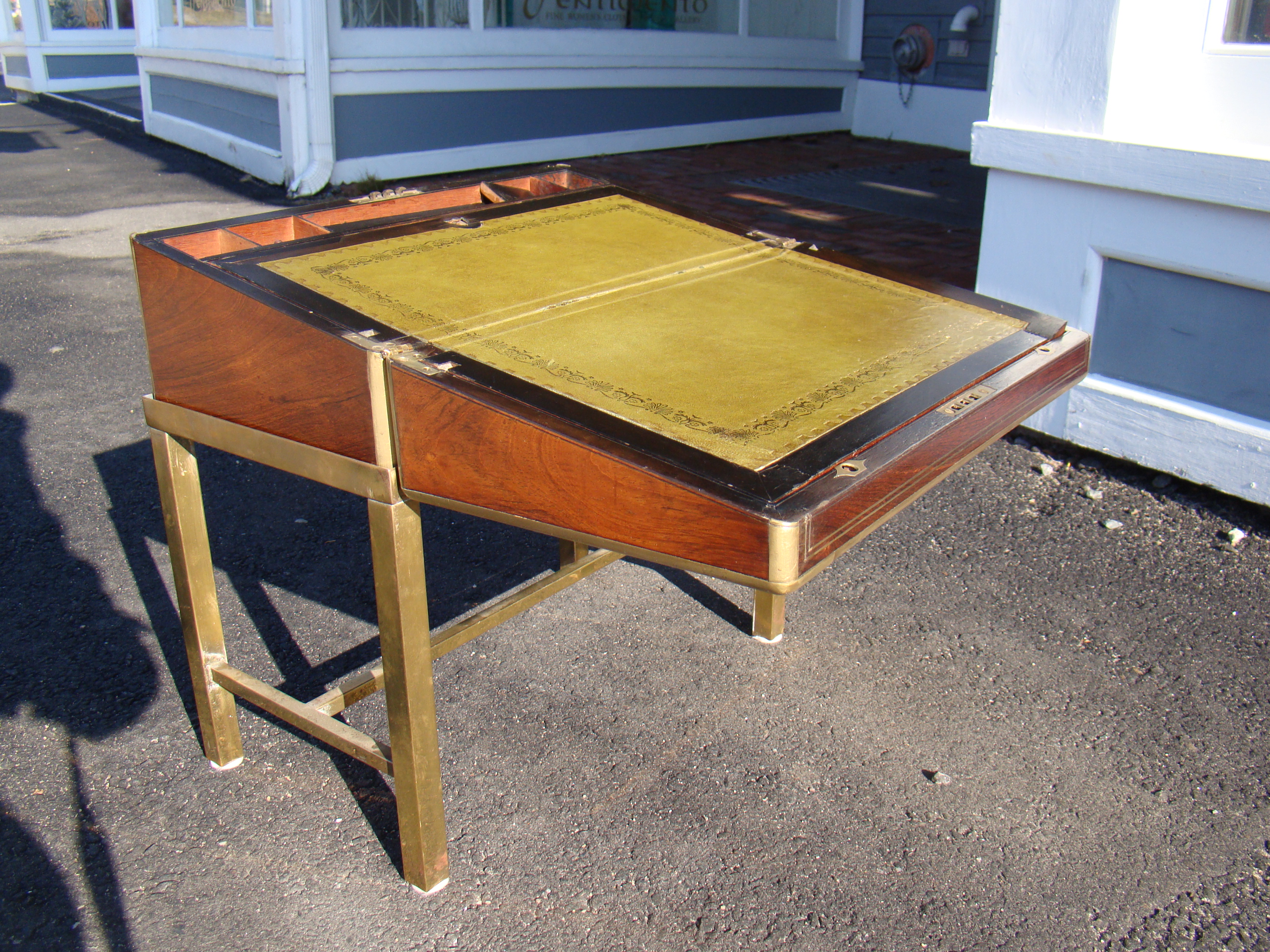A nice 19th century brass mounted rosewood writing box circa 1830 on a custom made brass stand — image 2