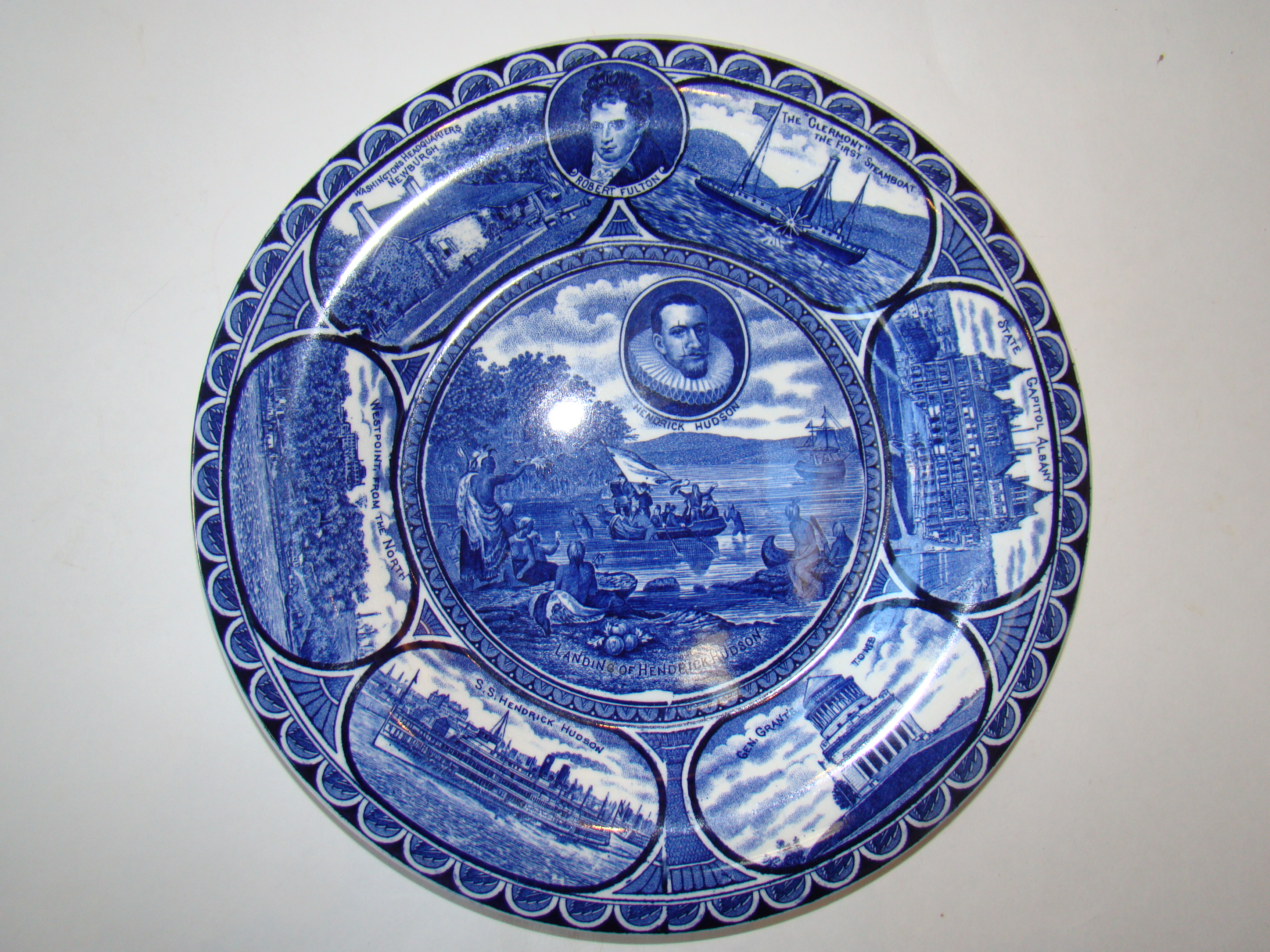A fine historical plate featuring Henry Hudson, Robert Fulton and other New York related scenes