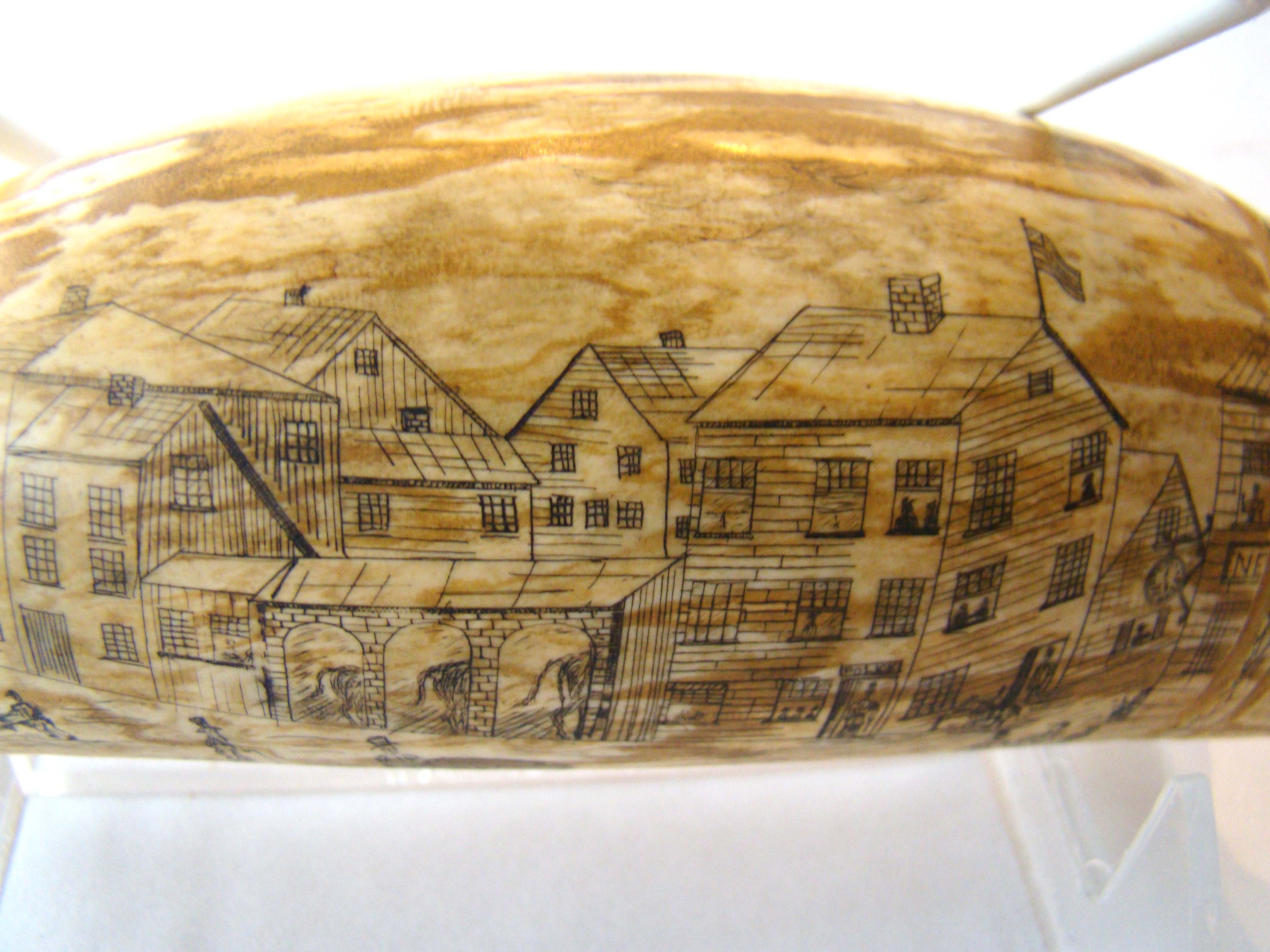 A carved and engraved whale's tooth depicting "New Bedford in 1810". 20th century — image 4