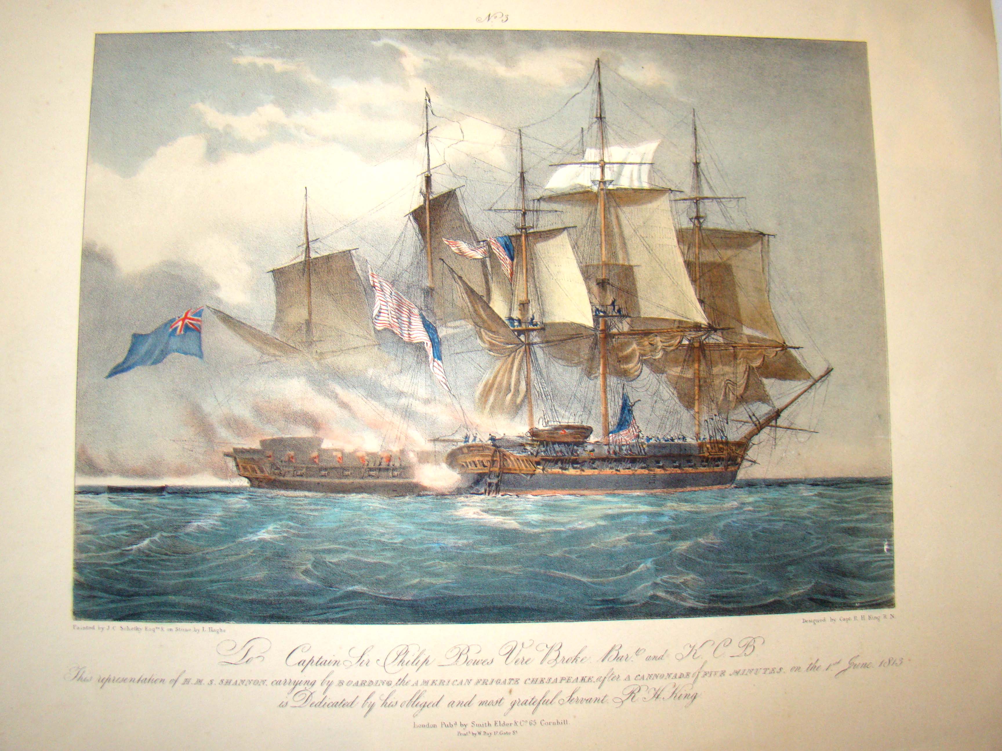 A pair of engravings depicting the famous War of 1812 naval battle between the USS Chesapeake and the HMS Shannon