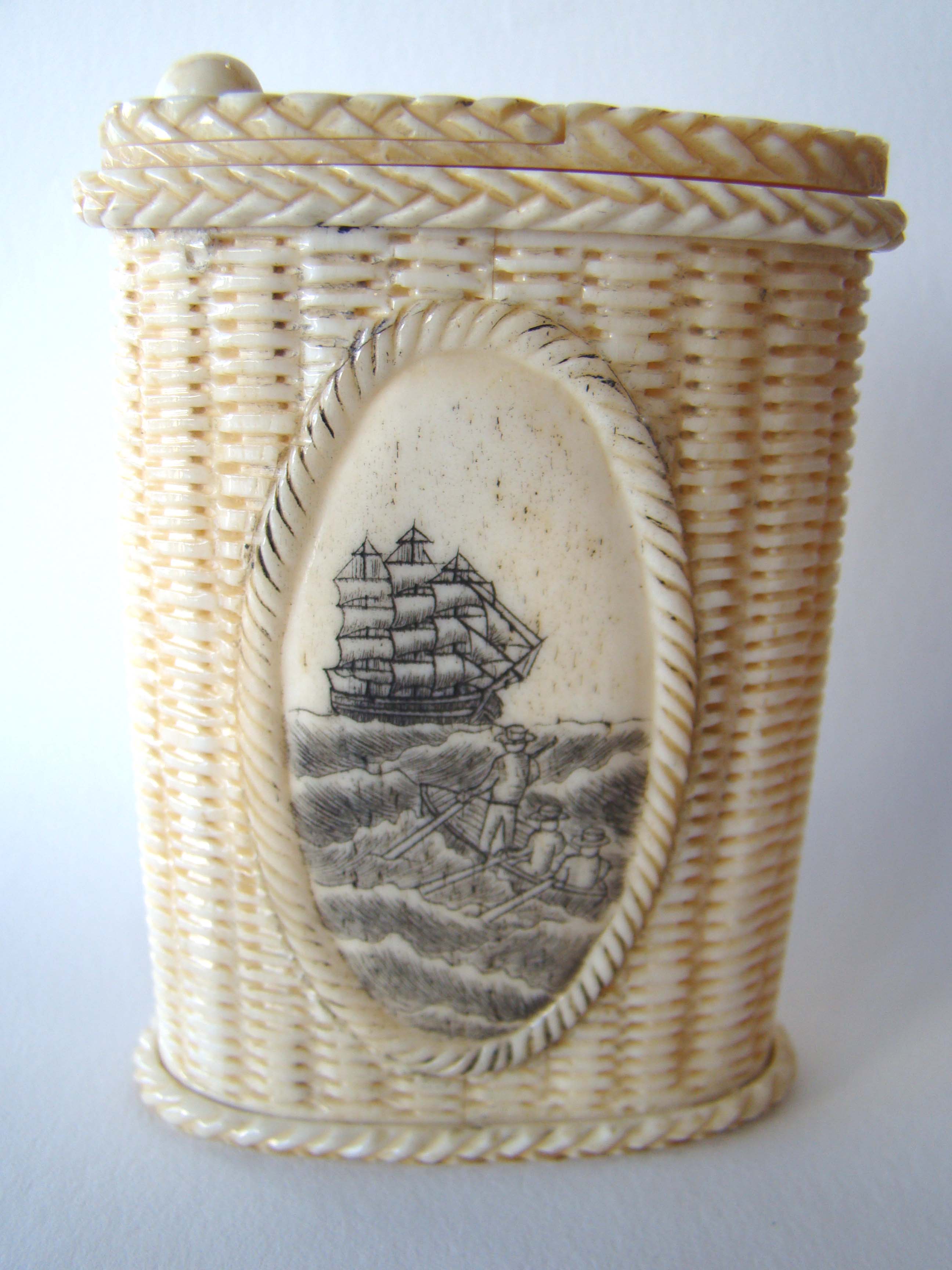 A beautiful basket weave bone box having whaling scenes on the front, back and top. 20th century — image 2