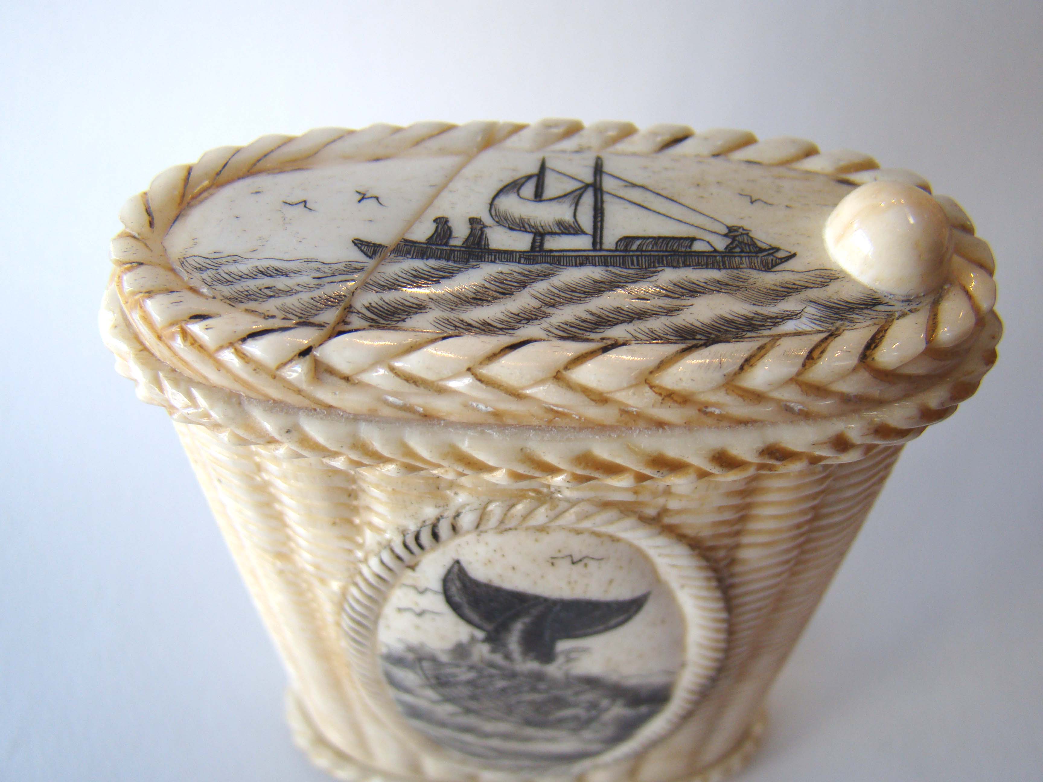 A beautiful basket weave bone box having whaling scenes on the front, back and top. 20th century — image 3