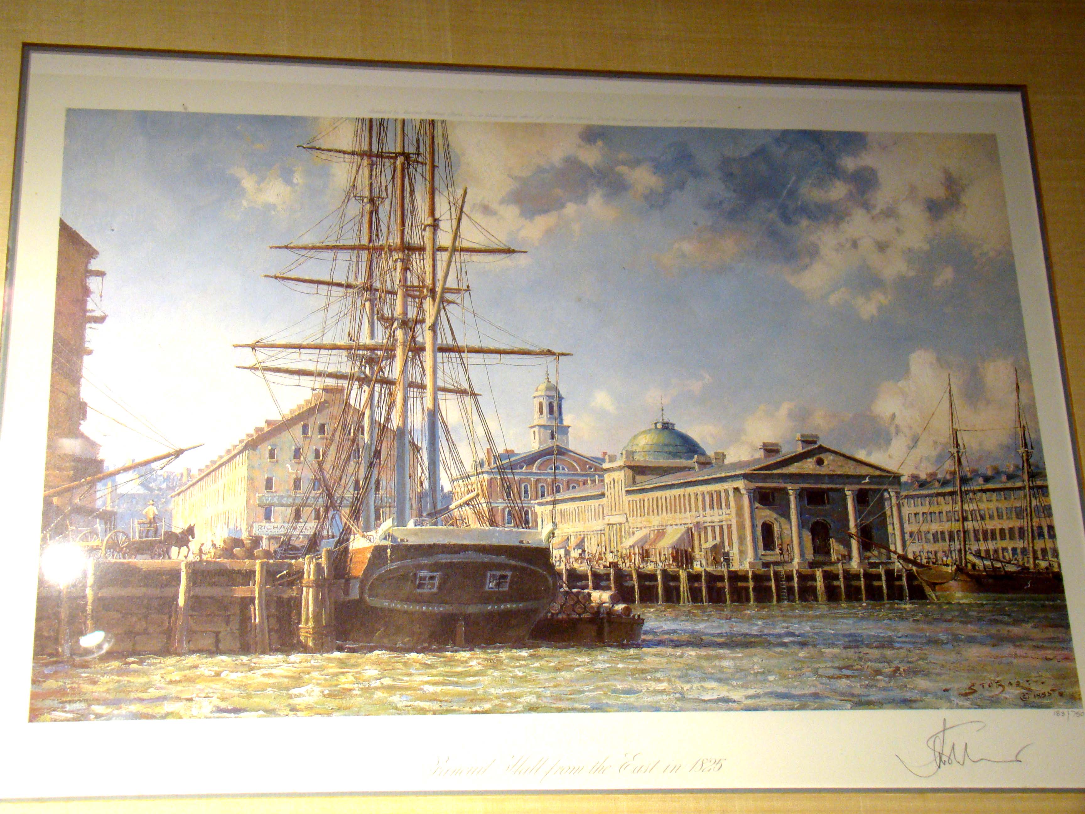 A fine signed and numbered limited edition lithograph by JOHN STOBART entitled "Faneuil Hall from the East in 1825"