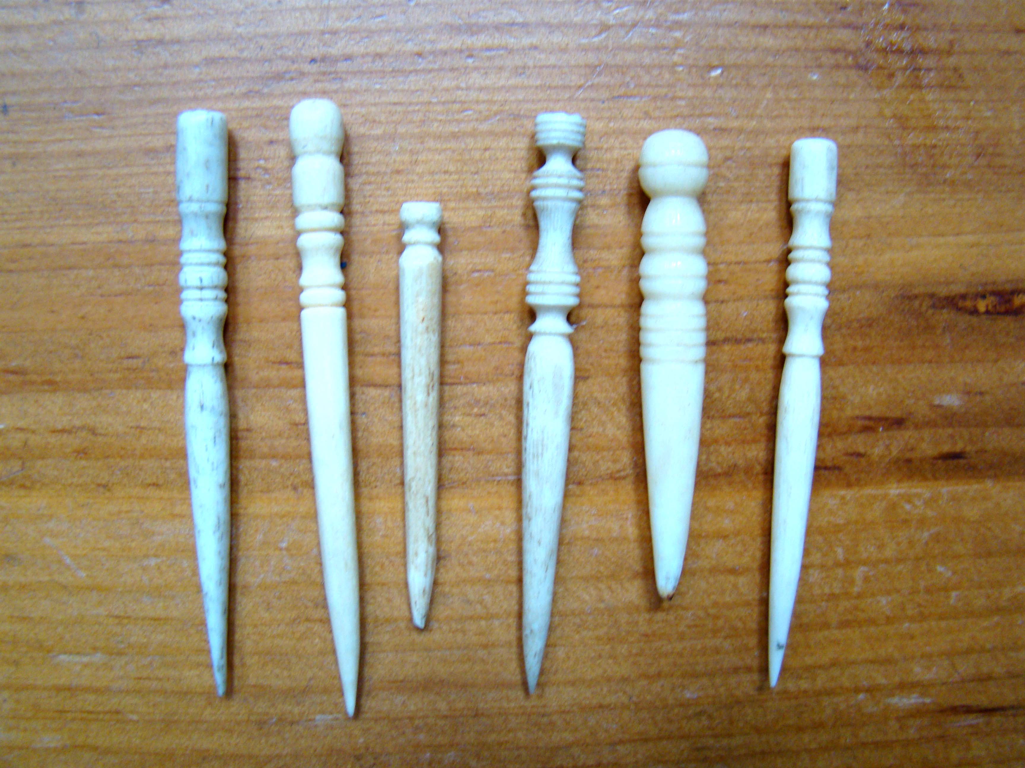 A group of six small 19th century whalebone bodkins