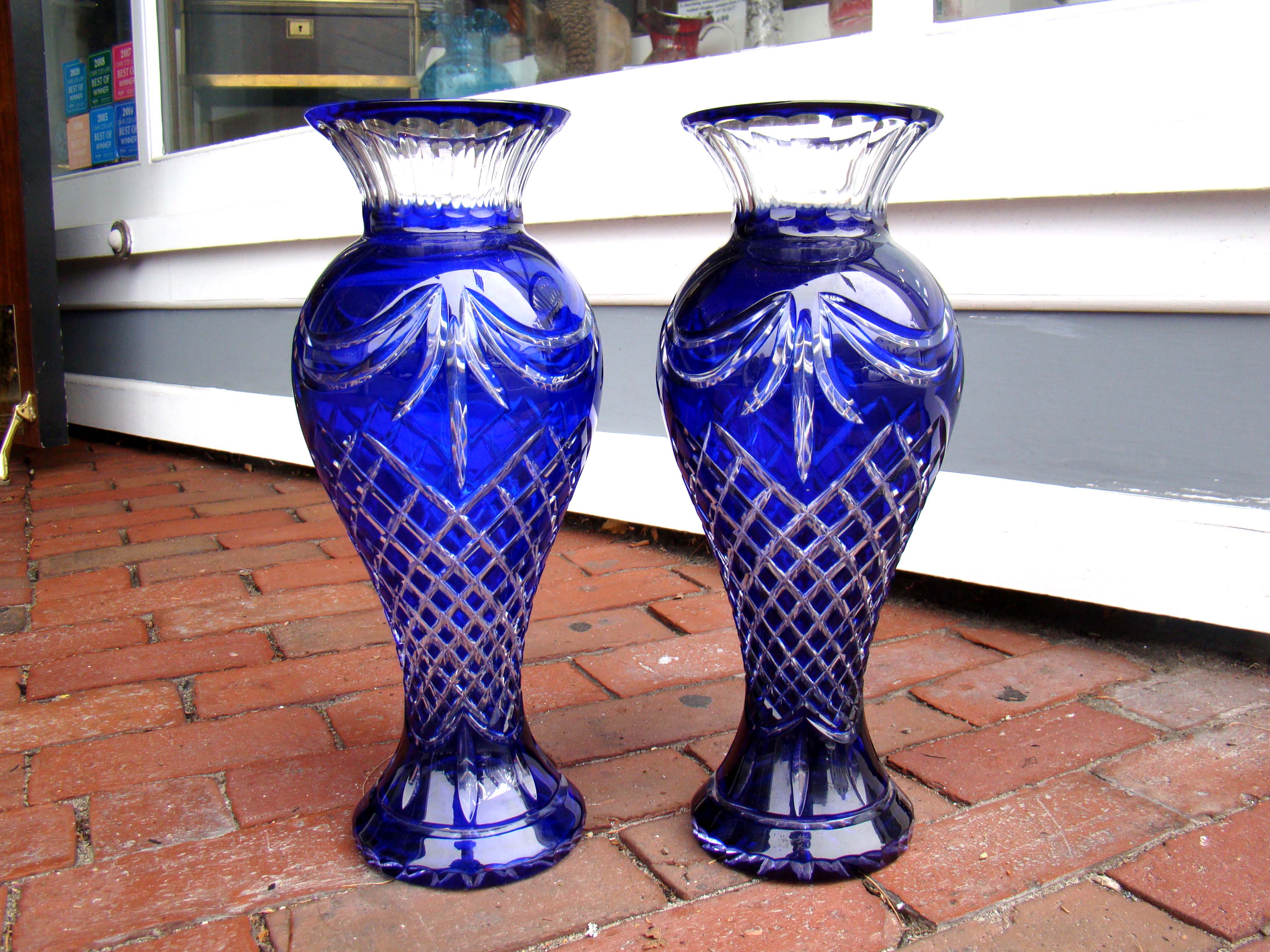 A gorgeous pair of vintage cobalt blue cut-crystal 16" vases — image 3