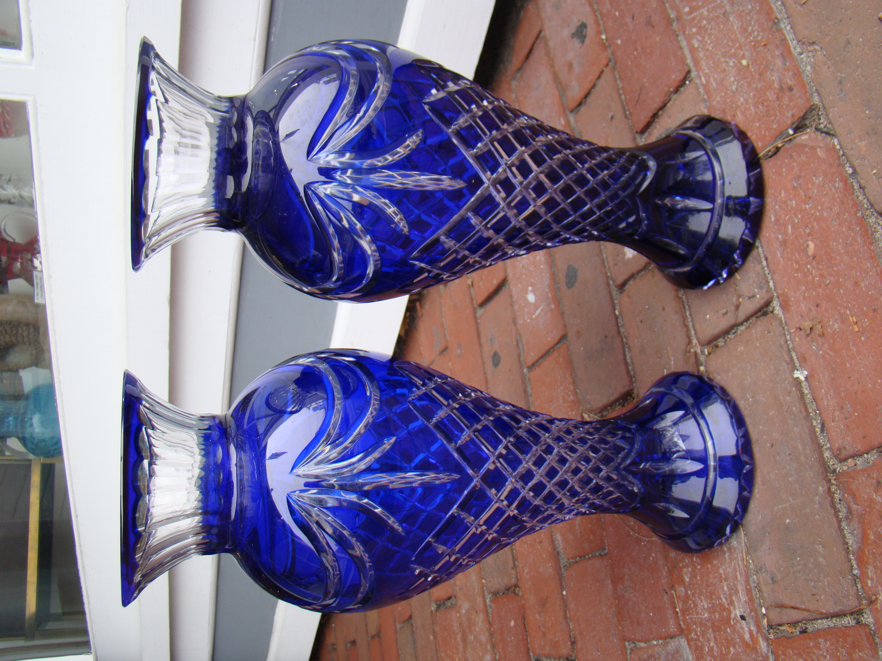 A gorgeous pair of vintage cobalt blue cut-crystal 16" vases