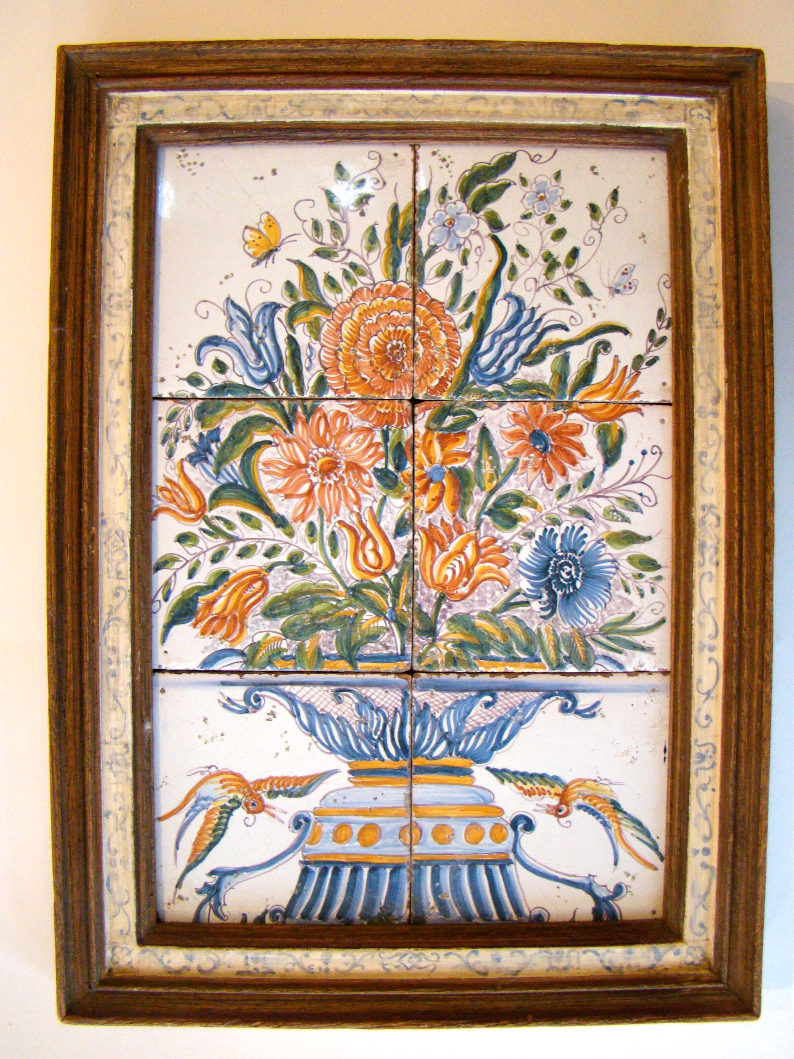 A RARE 18th century Dutch Delft polycrome tile flower arrangement in a urn with birds circa 1720-1760