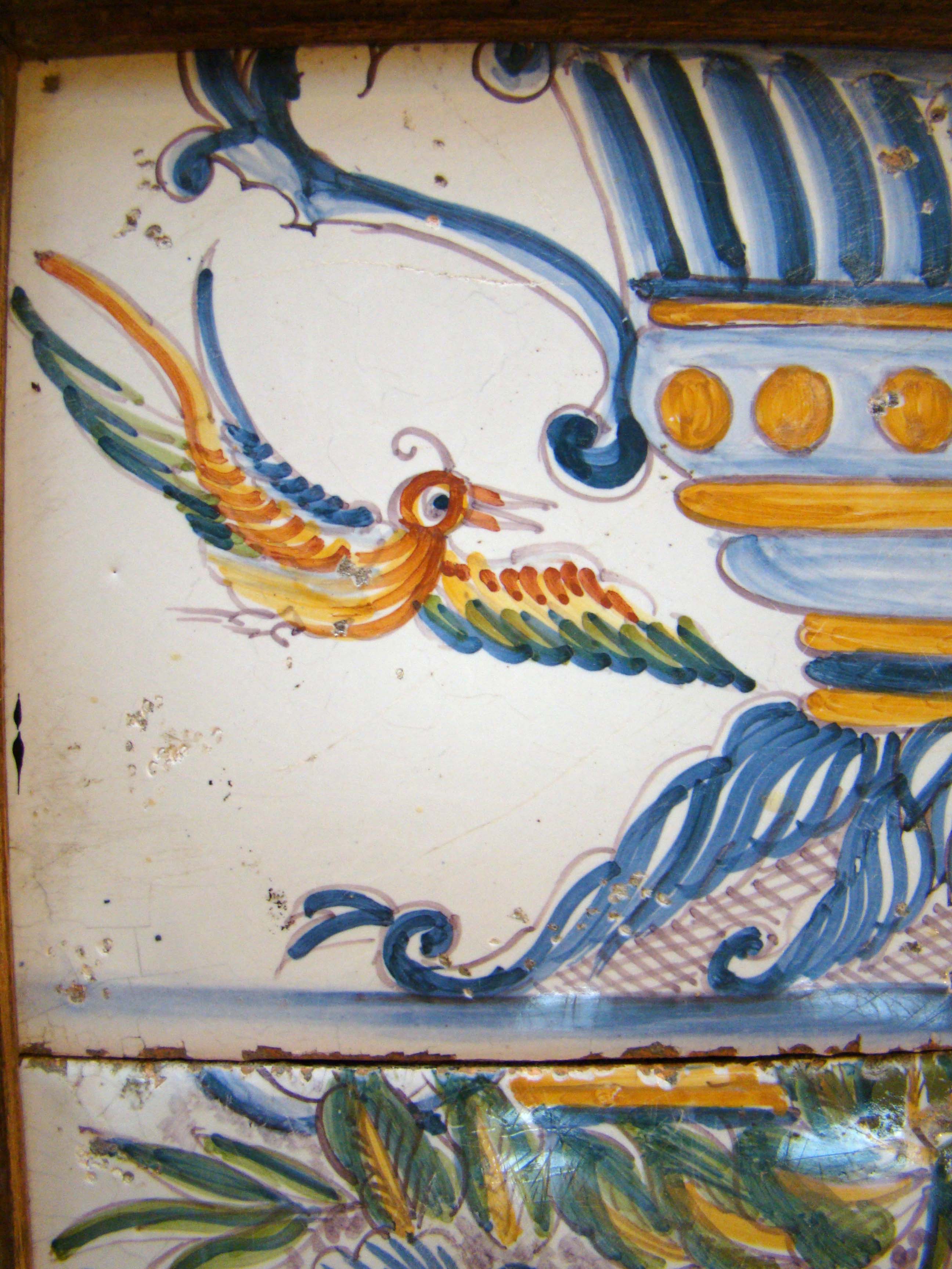 A RARE 18th century Dutch Delft polycrome tile flower arrangement in a urn with birds circa 1720-1760 — image 3