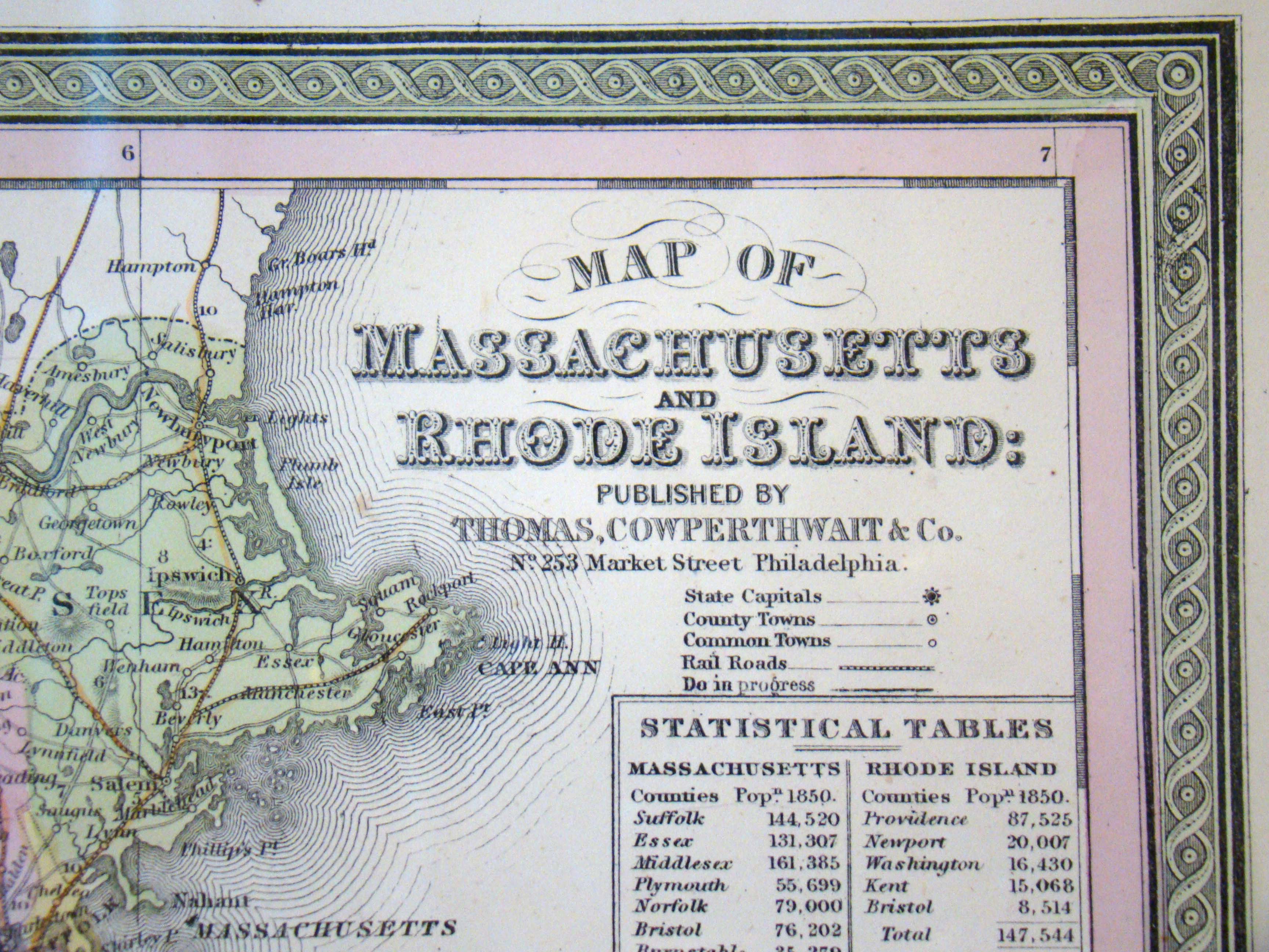 A Map of Massachusetts and Rhode Island by Thomas Cowperthwait of Philadelphia in 1850 — image 2