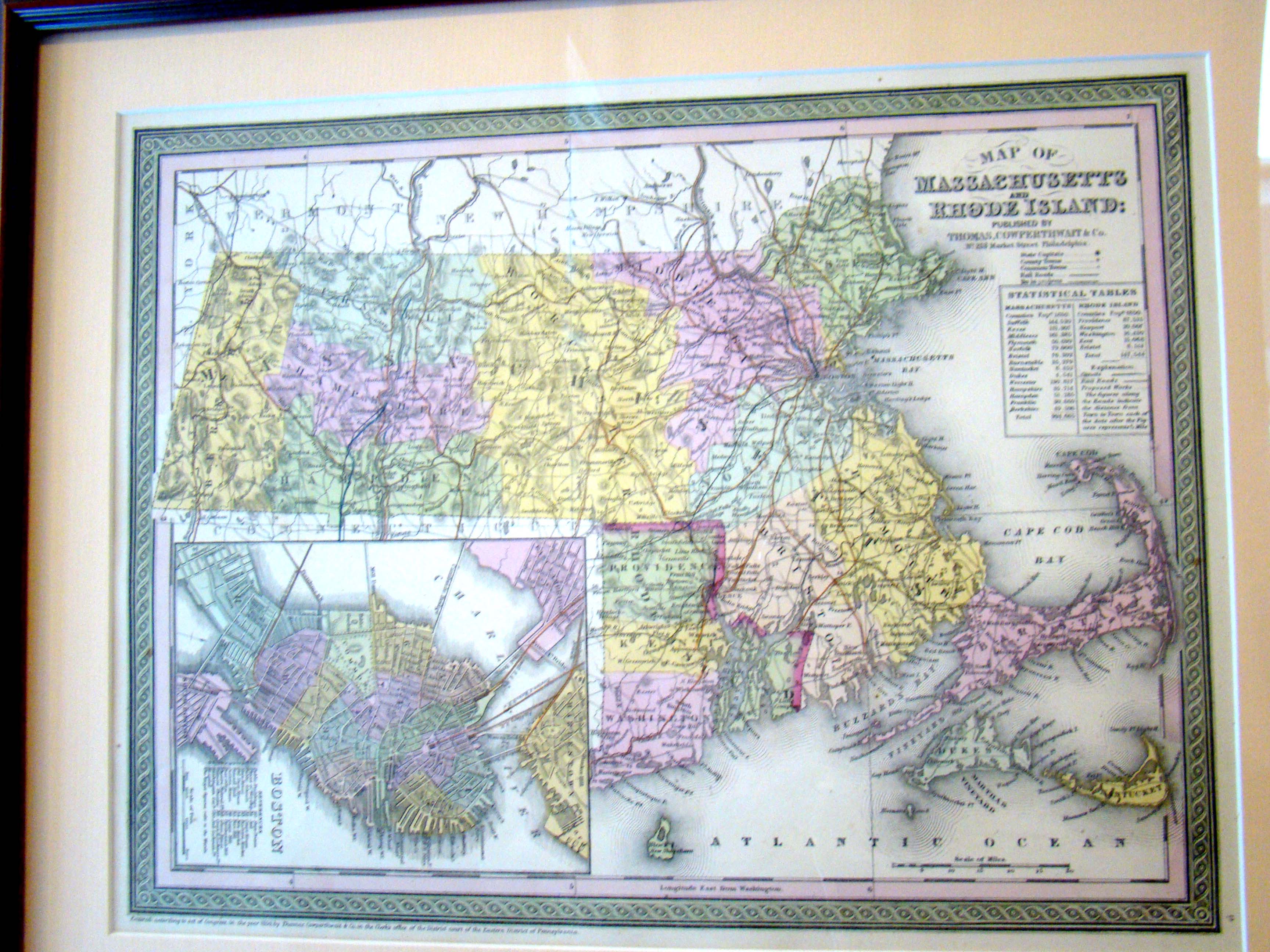 A Map of Massachusetts and Rhode Island by Thomas Cowperthwait of Philadelphia in 1850