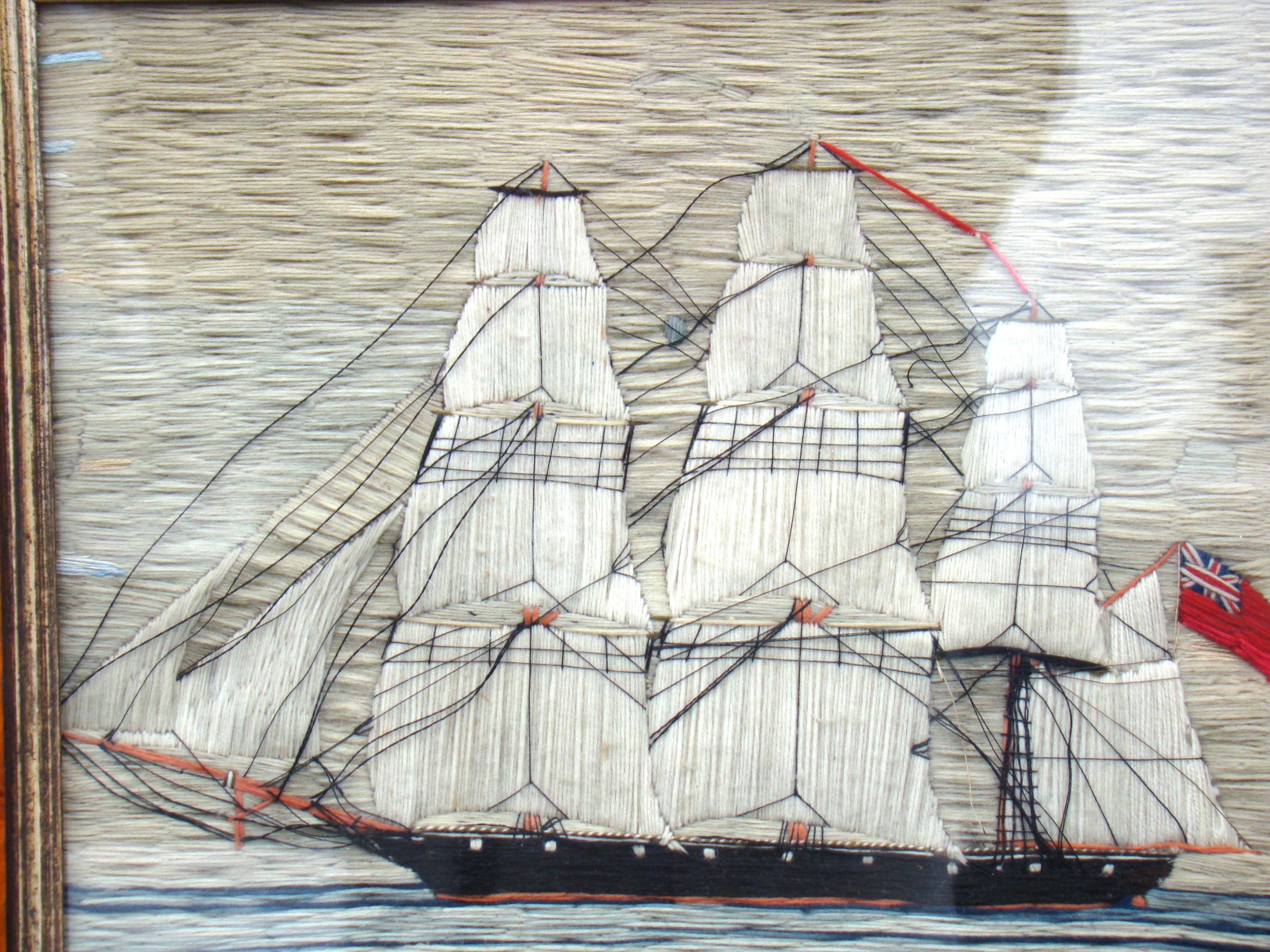 A fine small 19th century sailor's woolwork picture of a British three-masted ship circa 1870 — image 2