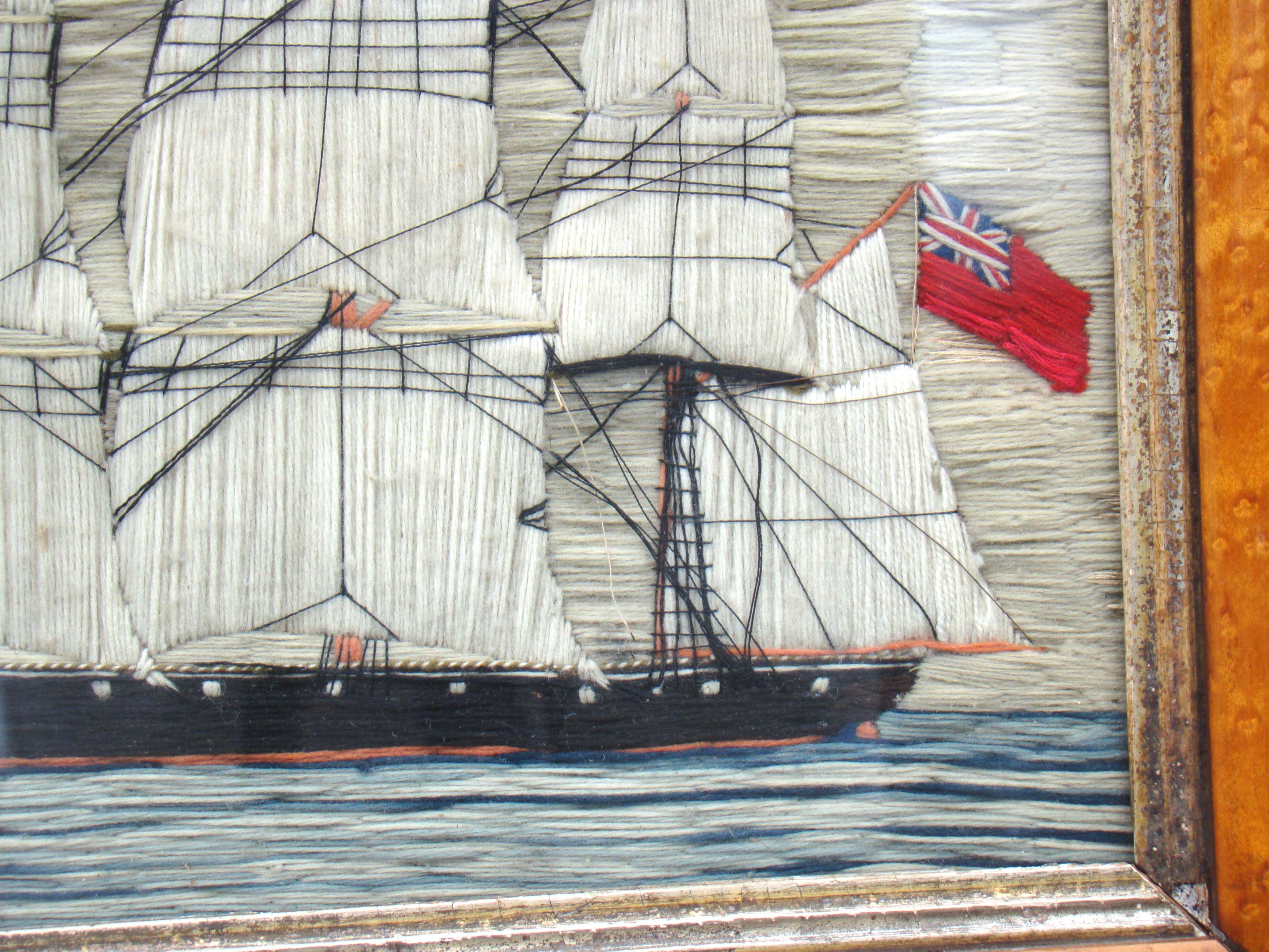 A fine small 19th century sailor's woolwork picture of a British three-masted ship circa 1870 — image 3
