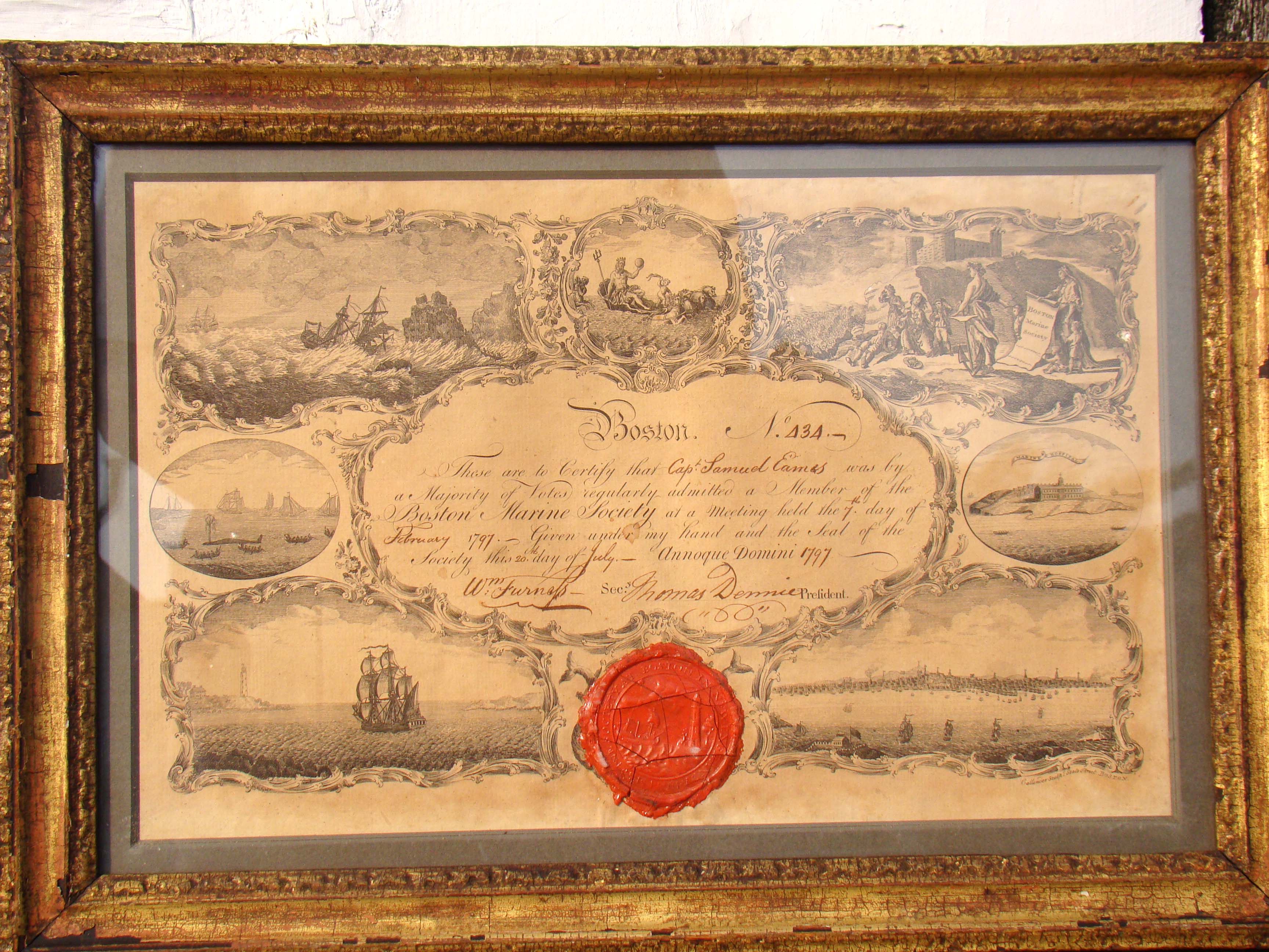 A fine original BOSTON MARINE SOCIETY certificate issued to Capt. Samuel Eames Feb. 7, 1797 — image 2