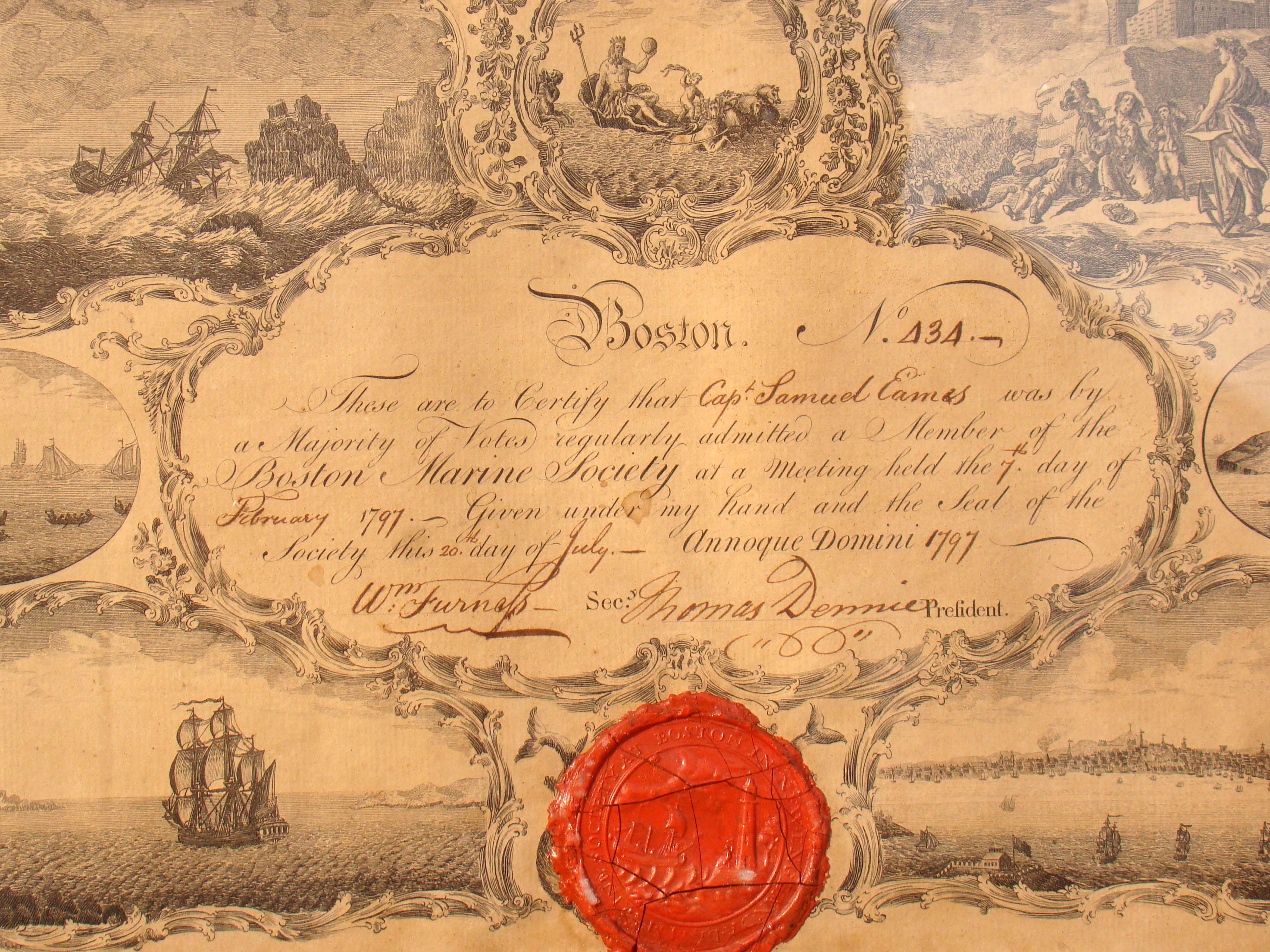 A fine original BOSTON MARINE SOCIETY certificate issued to Capt. Samuel Eames Feb. 7, 1797