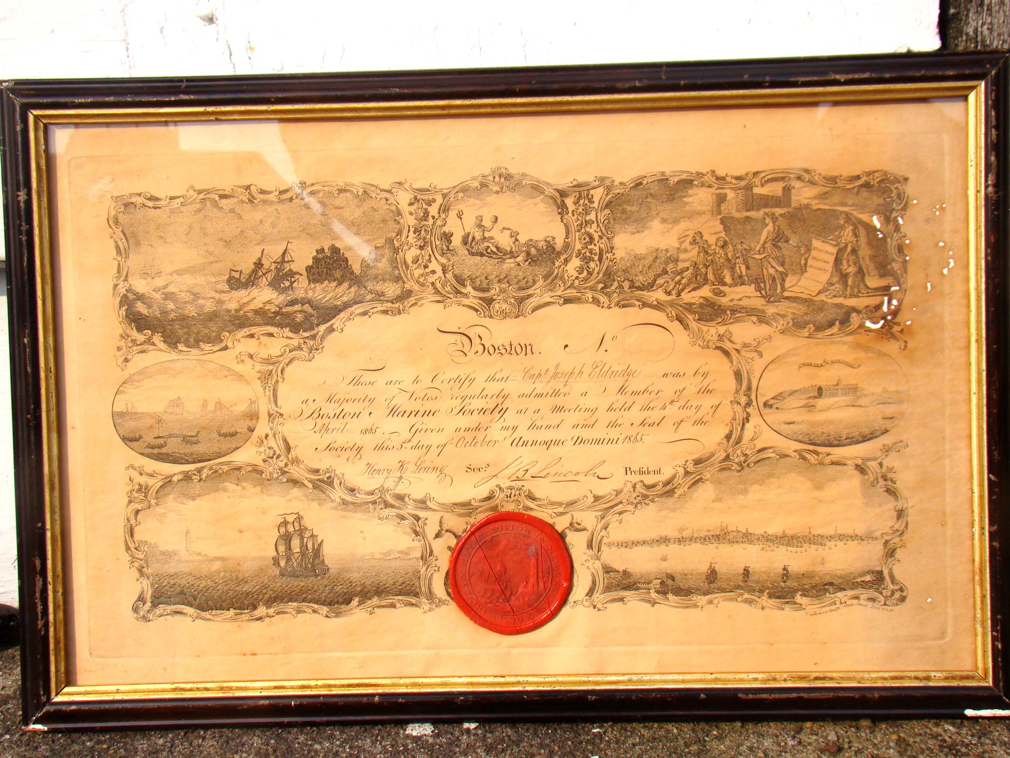 A BOSTON MARINE SOCIETY certificate issued to Capt. Joseph Eldridge on April 4, 1865 — image 2